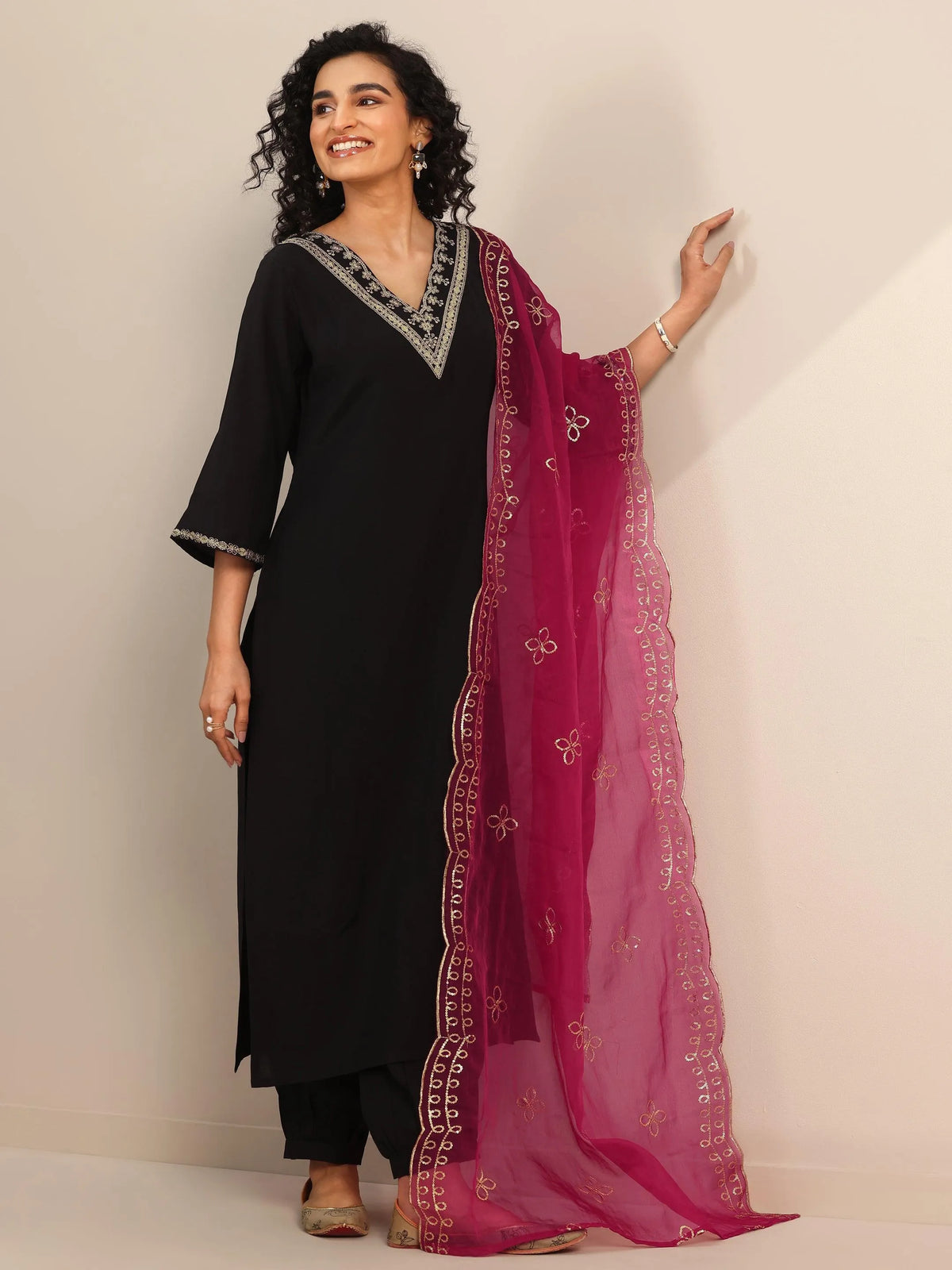 Gerua Black Yoke Design Silk Blend Straight Suit Set With Dupatta