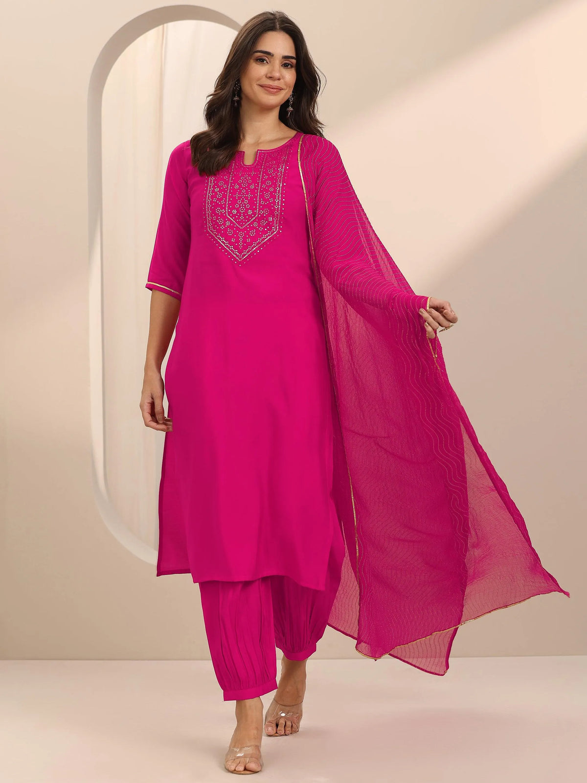 Gerua Pink Yoke Design Silk Blend Straight Suit Set With Dupatta