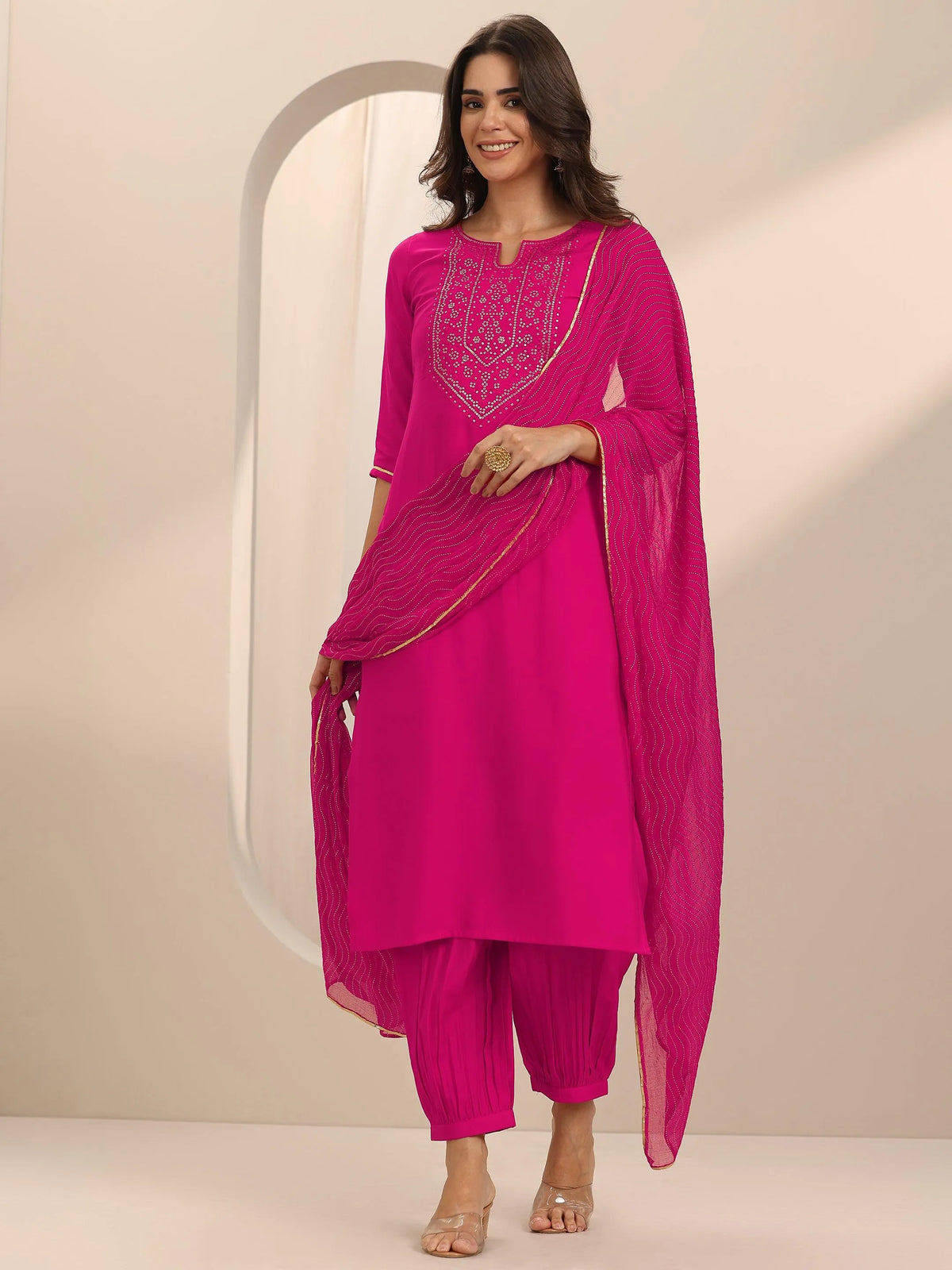 Gerua Pink Yoke Design Silk Blend Straight Suit Set With Dupatta
