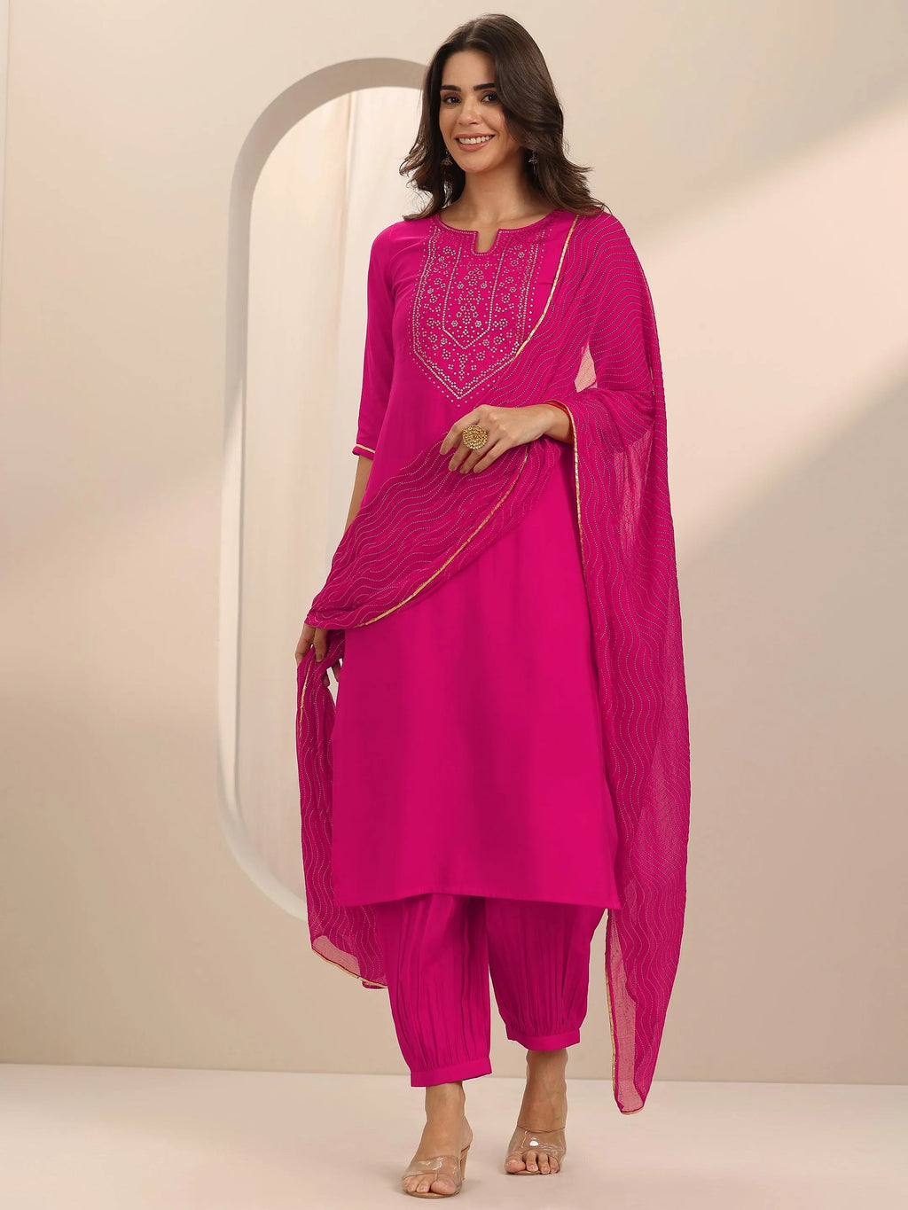 Gerua Pink Yoke Design Silk Blend Straight Suit Set With Dupatta