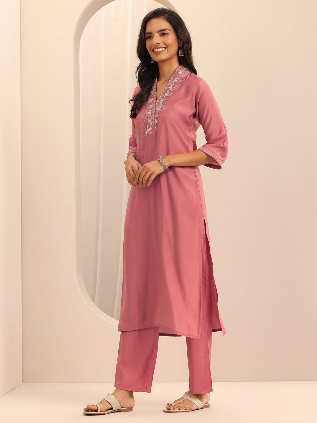Gerua Peach Embellished Silk Blend Straight Suit Set With Dupatta