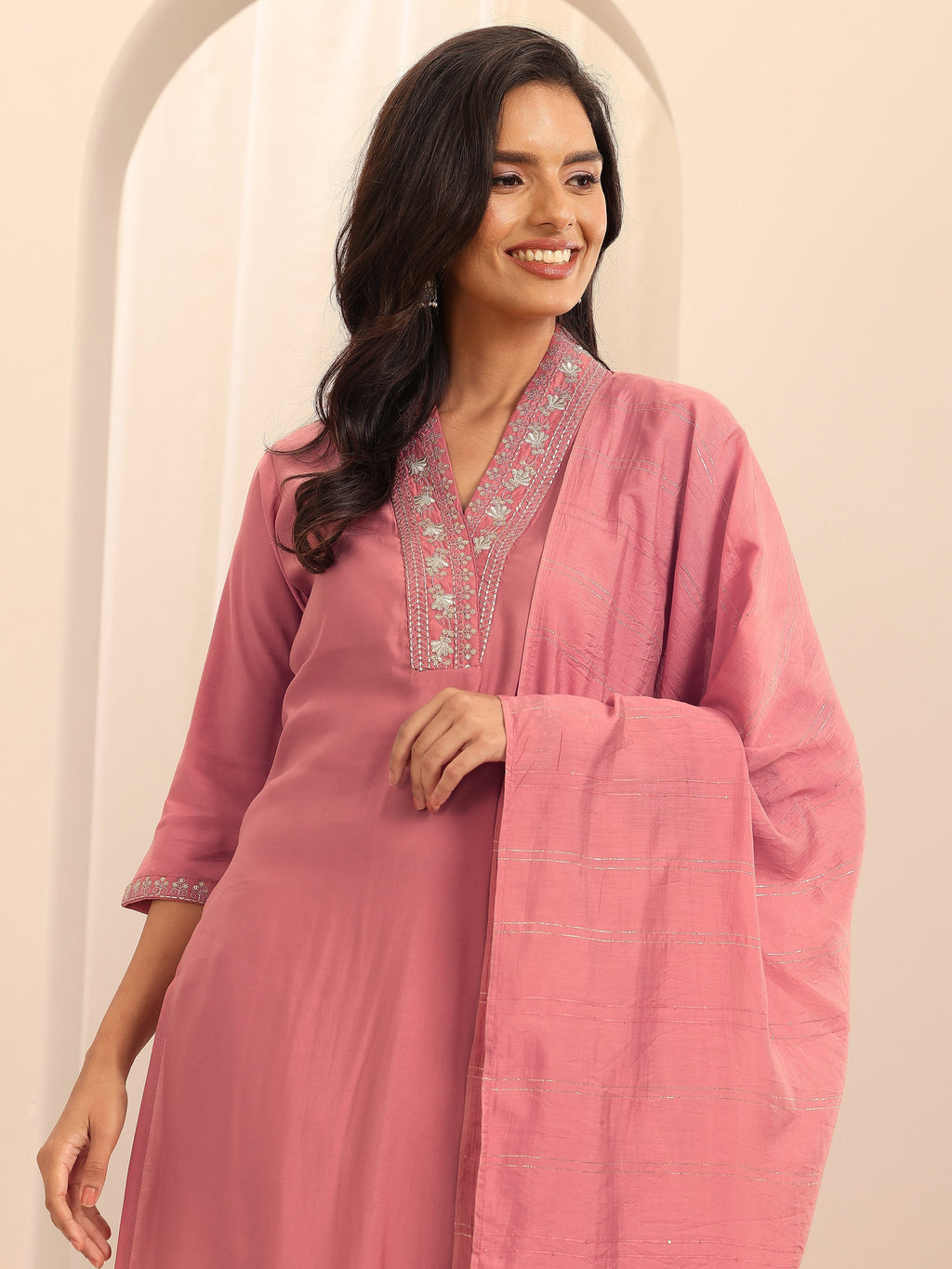 Gerua Peach Embellished Silk Blend Straight Suit Set With Dupatta