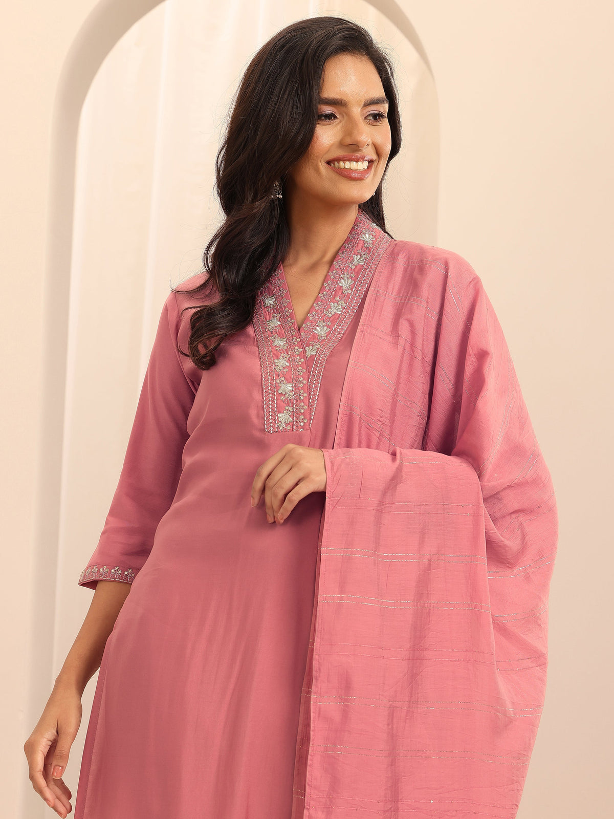 Gerua Peach Embellished Silk Blend Straight Suit Set With Dupatta