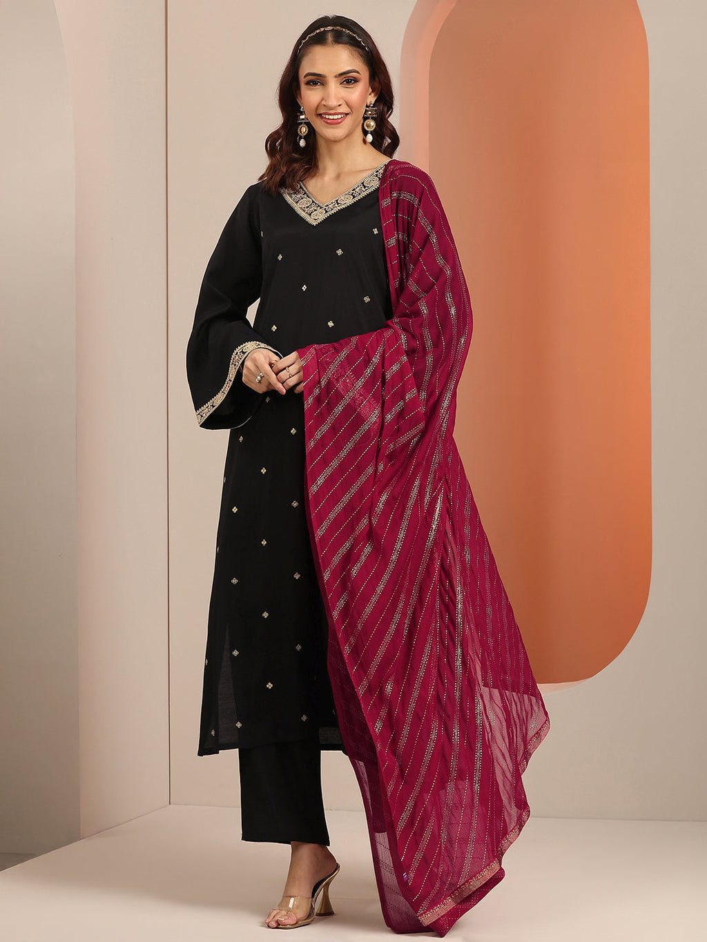 Gerua Black Embellished Silk Blend Straight Suit Set With Dupatta