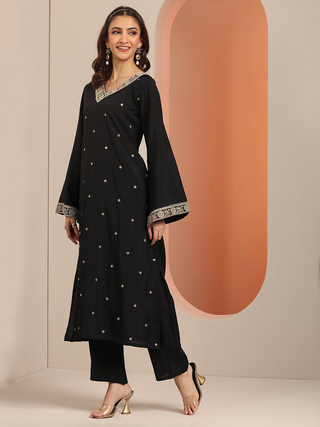 Gerua Black Embellished Silk Blend Straight Suit Set With Dupatta