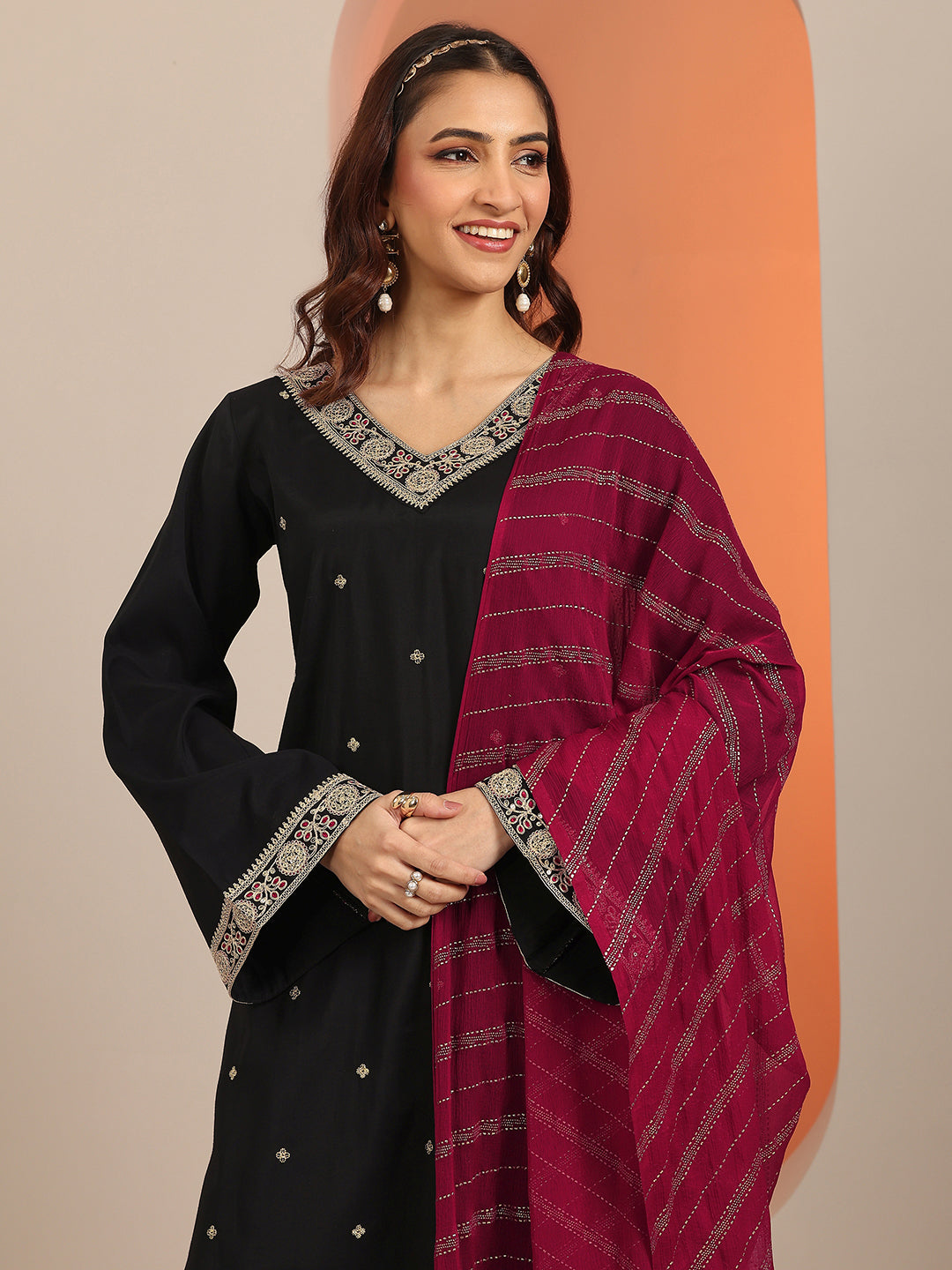 Gerua Black Embellished Silk Blend Straight Suit Set With Dupatta
