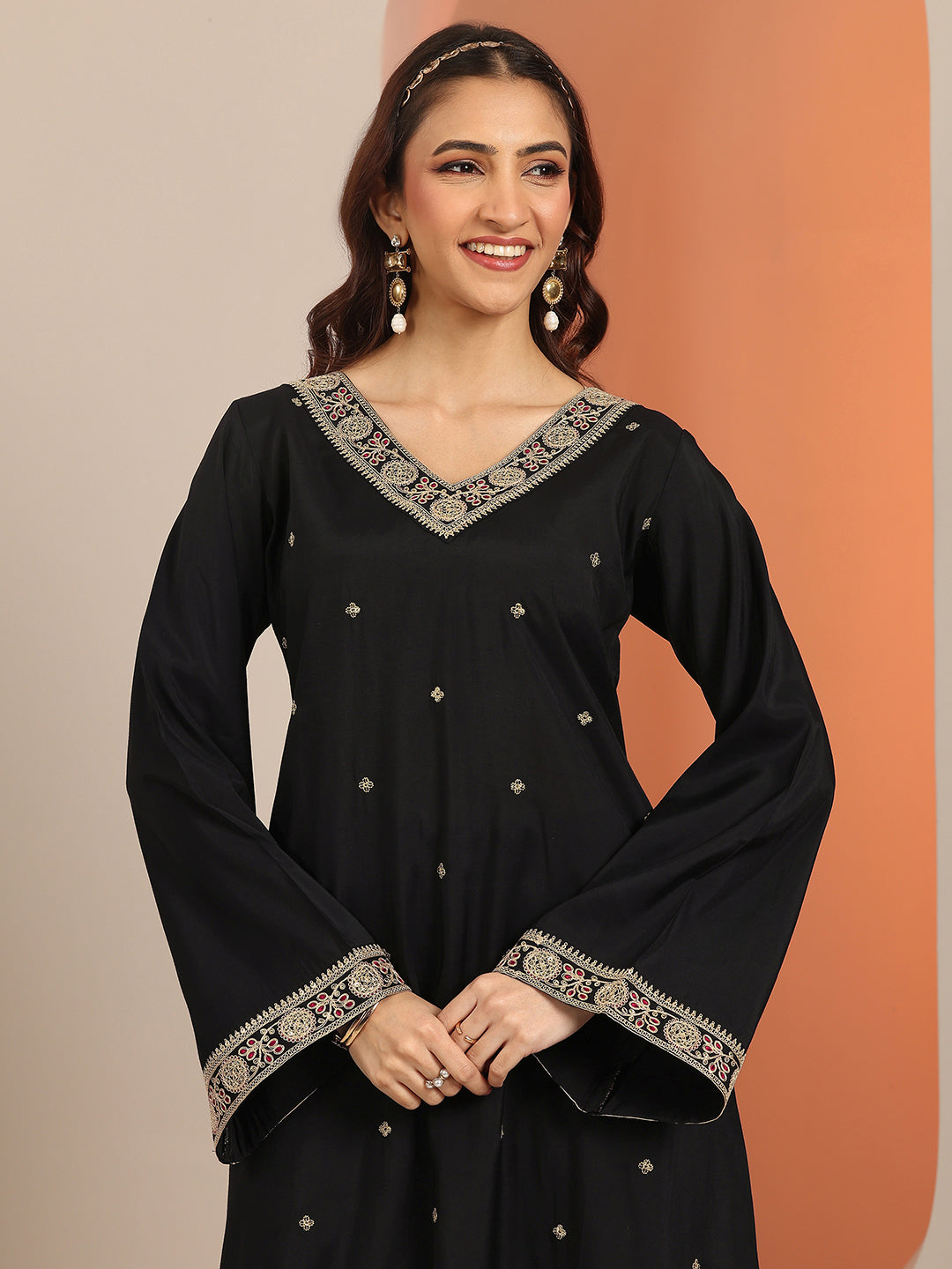 Gerua Black Embellished Silk Blend Straight Suit Set With Dupatta