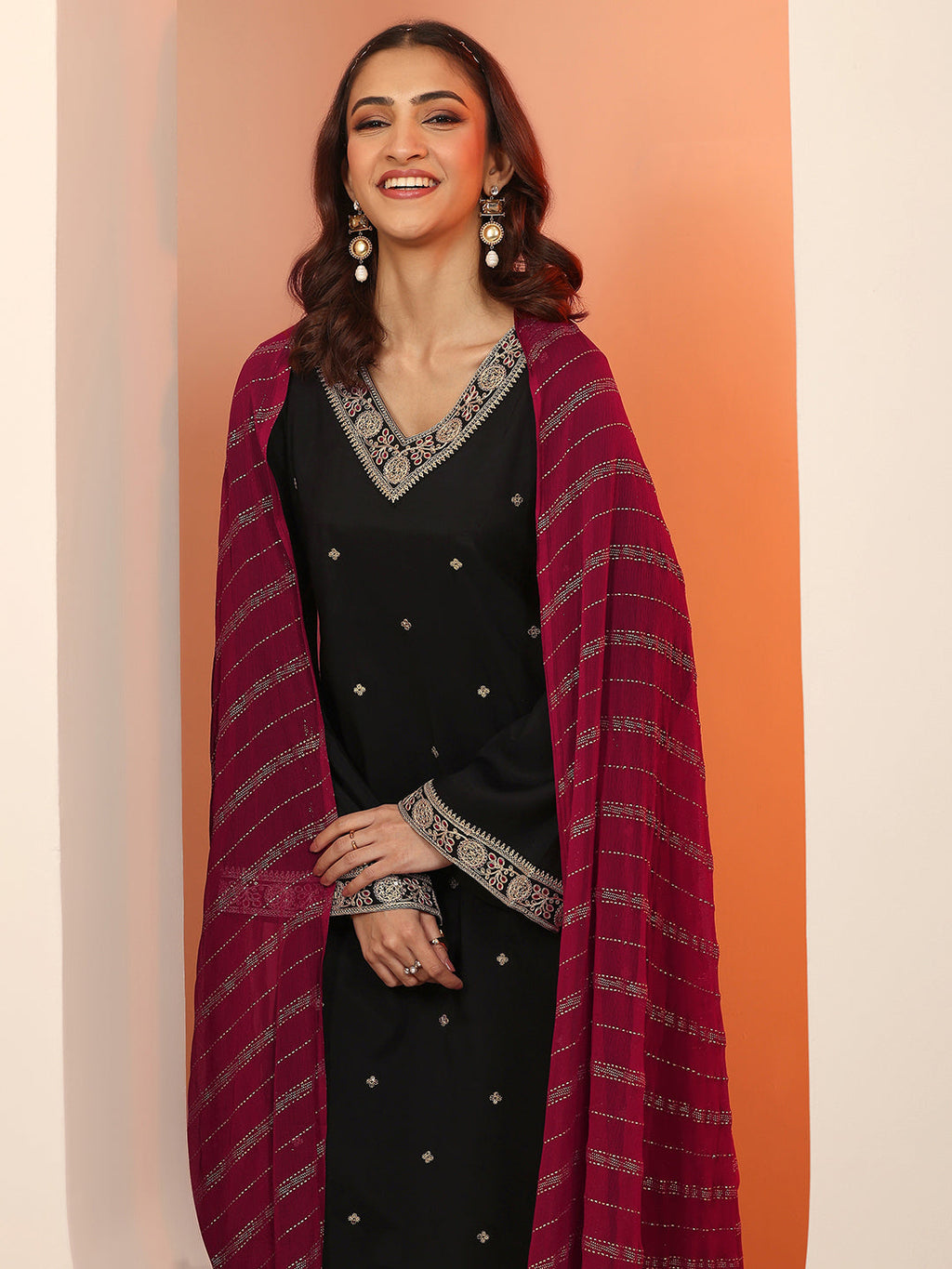 Gerua Black Embellished Silk Blend Straight Suit Set With Dupatta