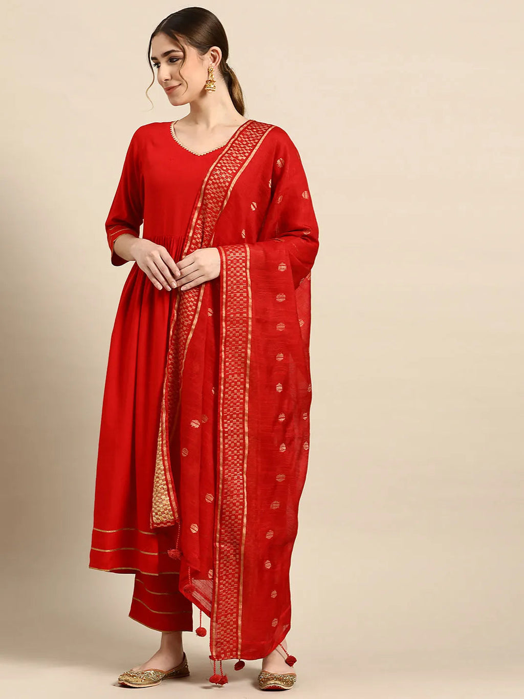 Gerua Red Solid Rayon Anarkali Suit With Dupatta
