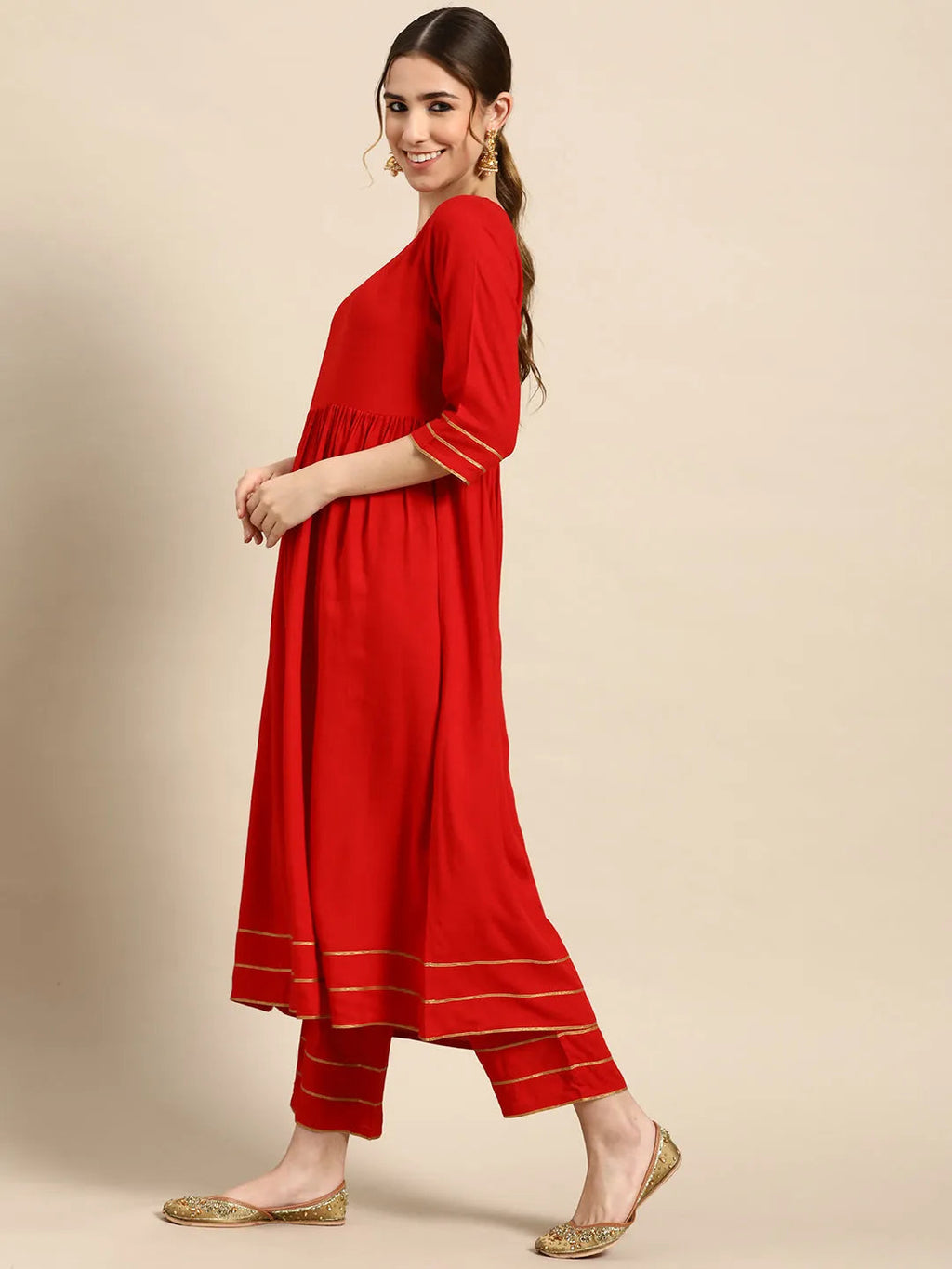 Gerua Red Solid Rayon Anarkali Suit With Dupatta