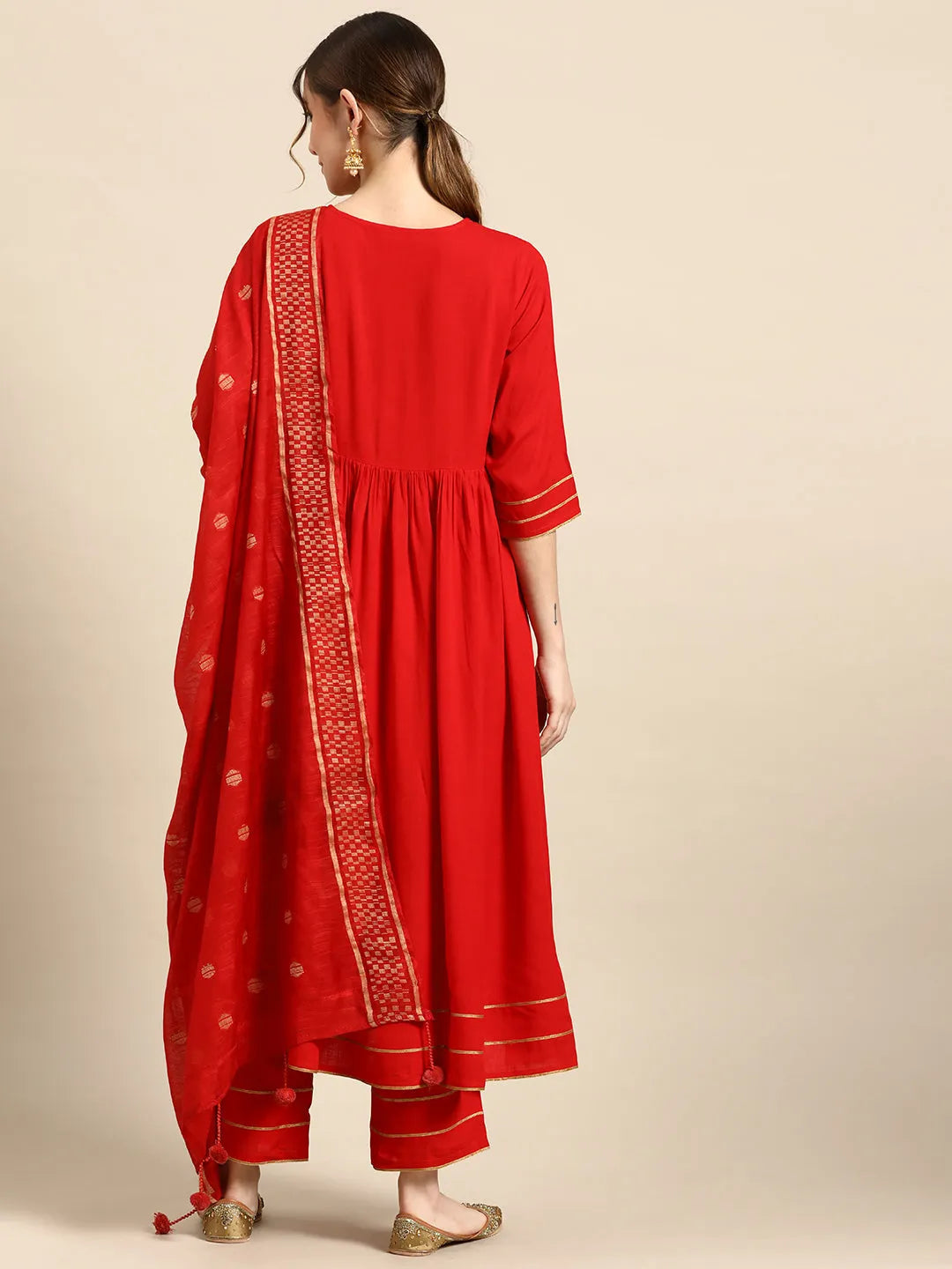 Gerua Red Solid Rayon Anarkali Suit With Dupatta