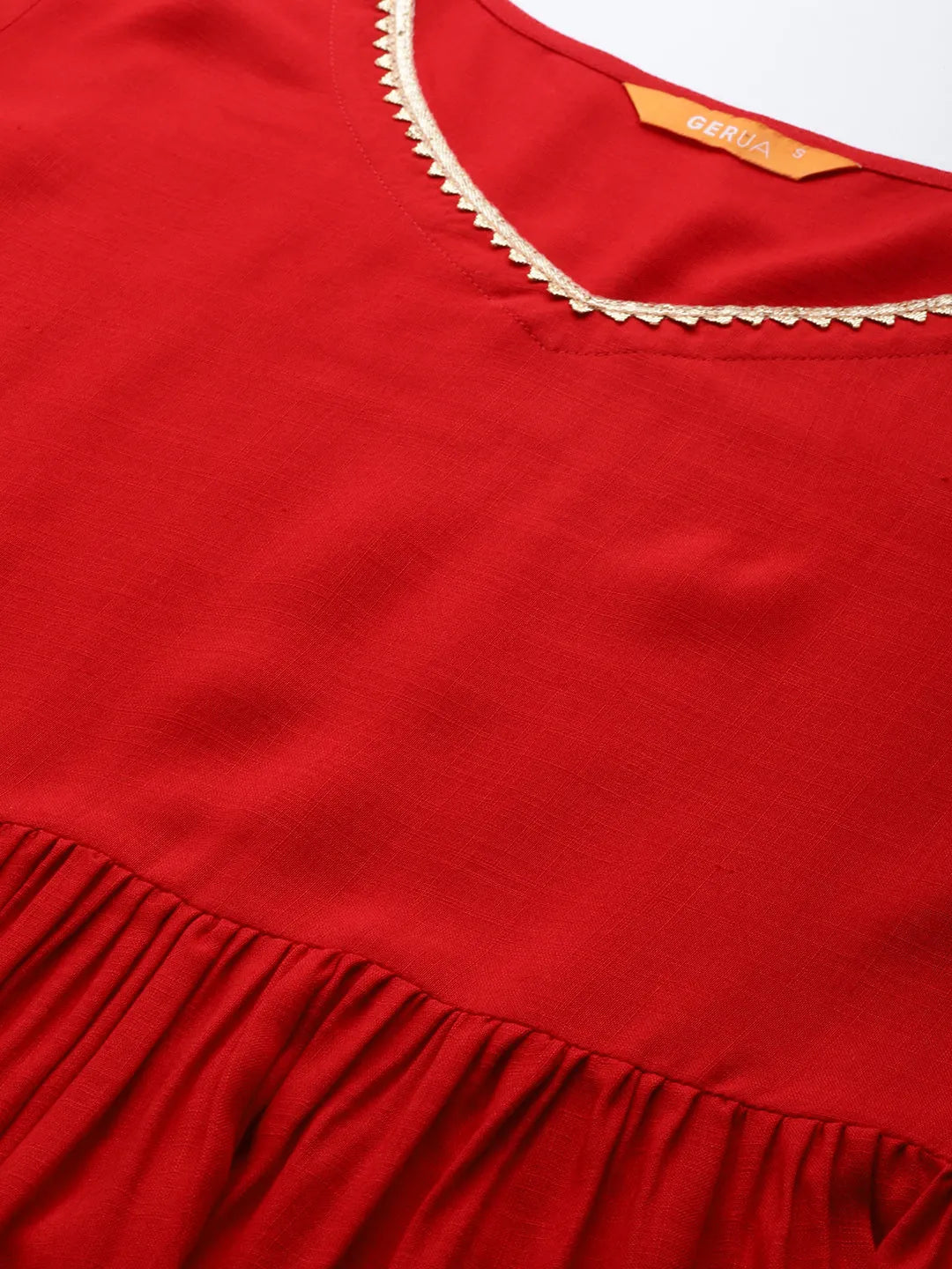 Gerua Red Solid Rayon Anarkali Suit With Dupatta