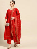 Gerua Red Solid Rayon Anarkali Suit With Dupatta