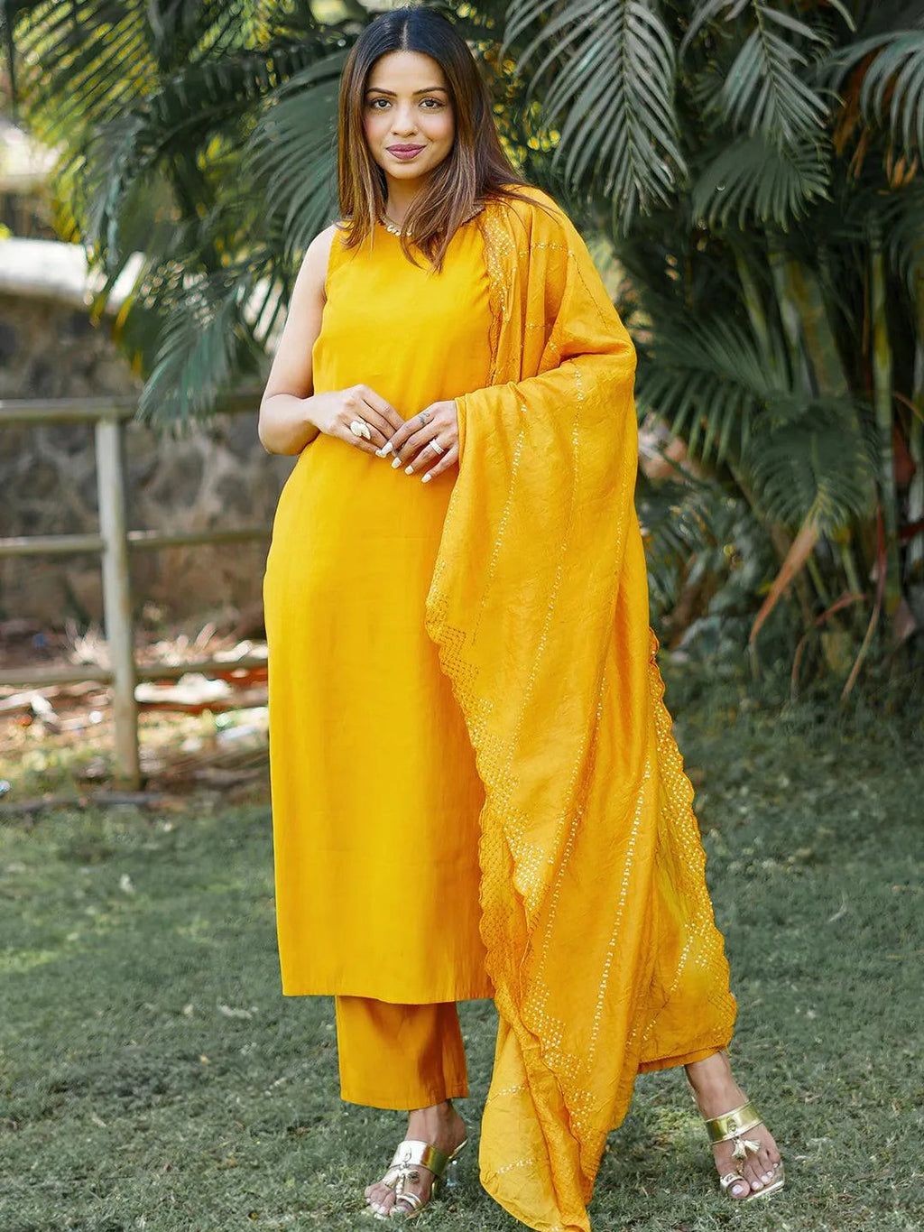 Gerua Mustard Solid Silk Blend Straight Suit With Dupatta