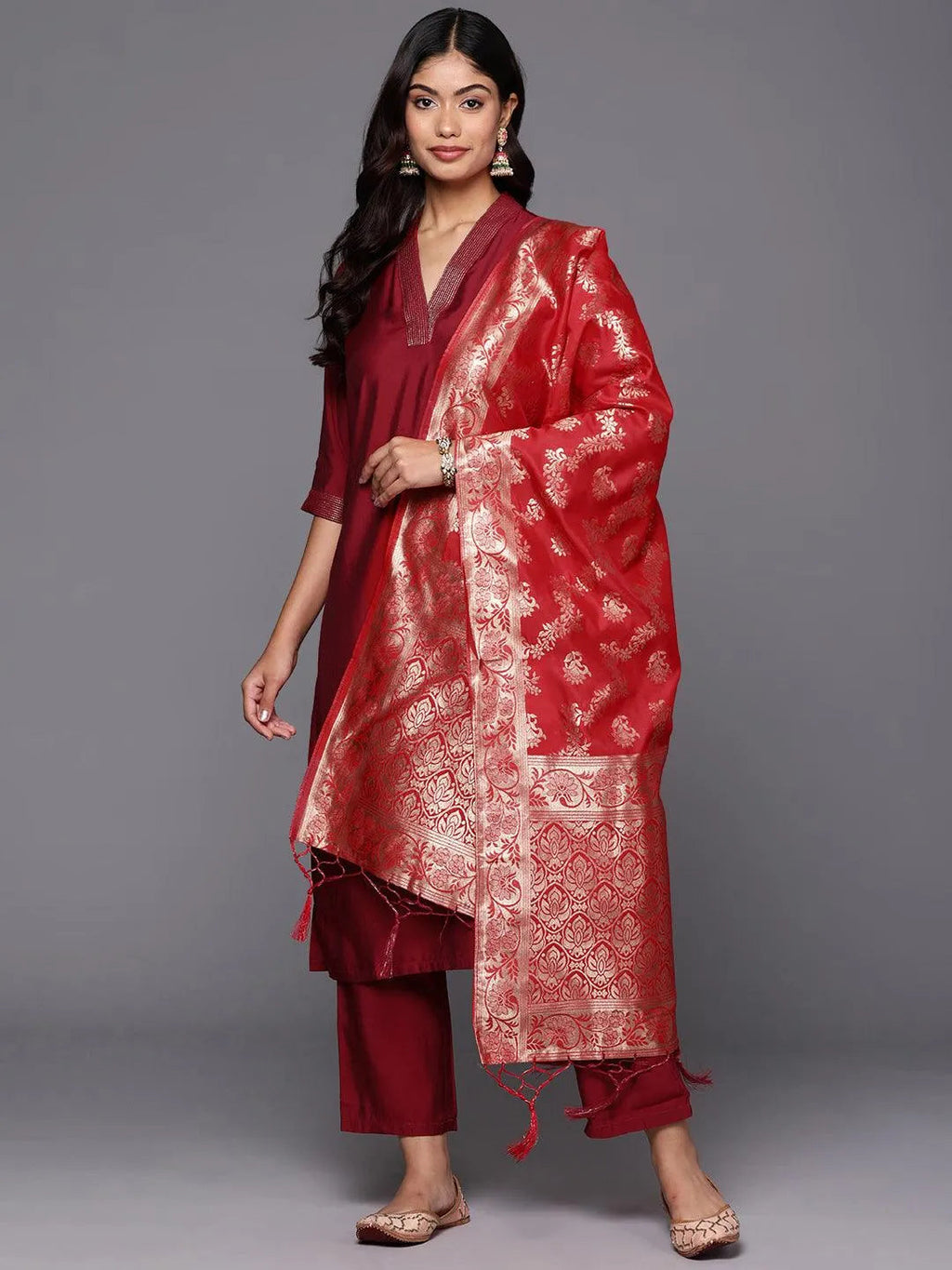 Gerua Red Silk Blend Solid Straight Suit With Dupatta