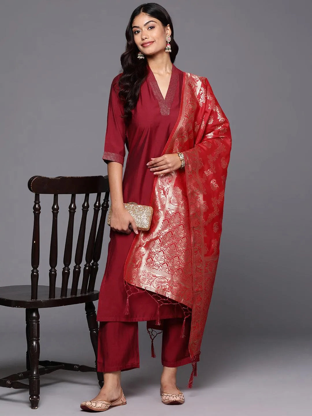 Gerua Red Silk Blend Solid Straight Suit With Dupatta