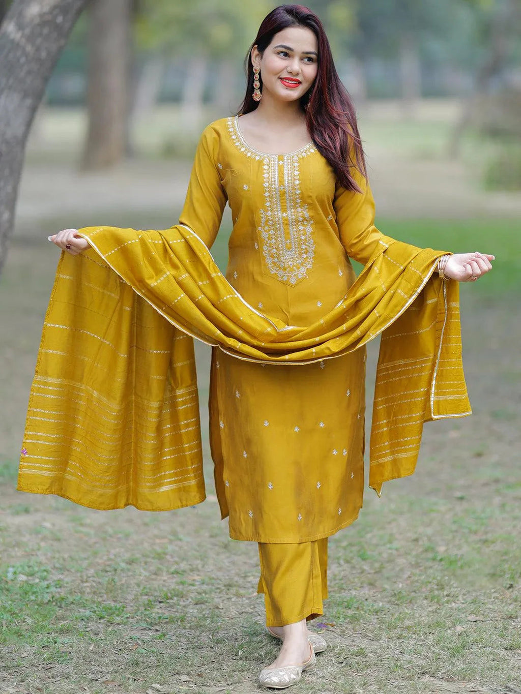 Gerua Mustard Yoke Design Silk Blend Straight Suit With Dupatta