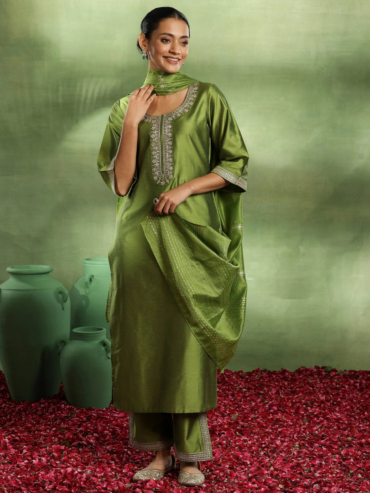 Gerua Green Yoke Design Silk Blend Straight Suit With Dupatta