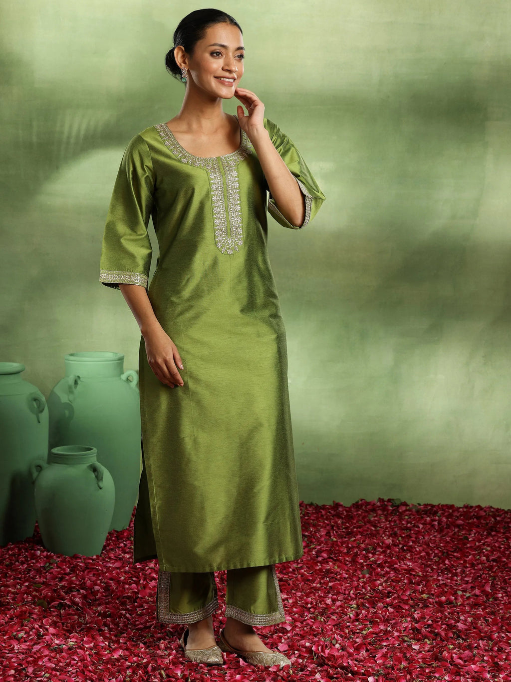 Gerua Green Yoke Design Silk Blend Straight Suit With Dupatta