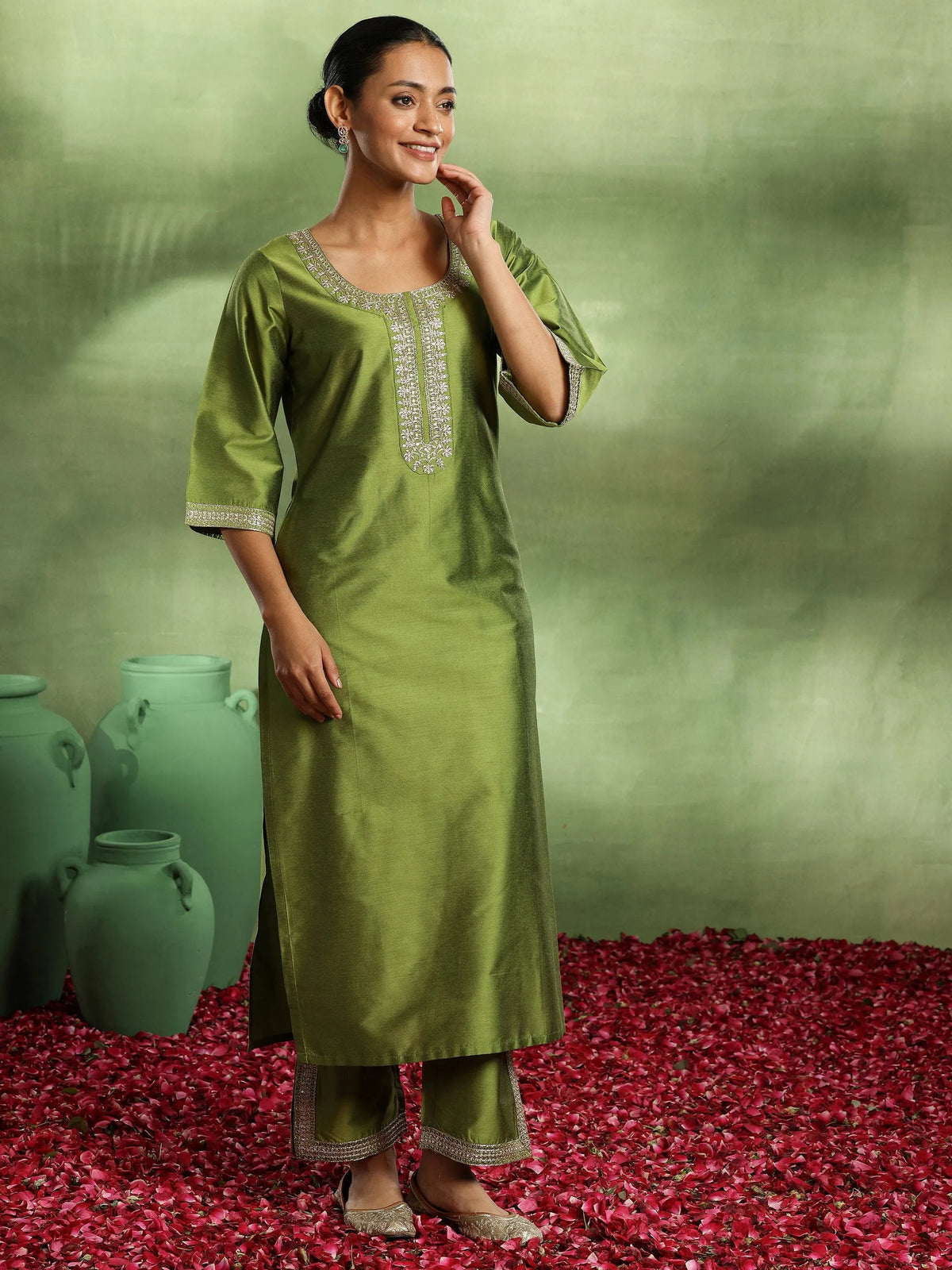 Gerua Green Yoke Design Silk Blend Straight Suit With Dupatta