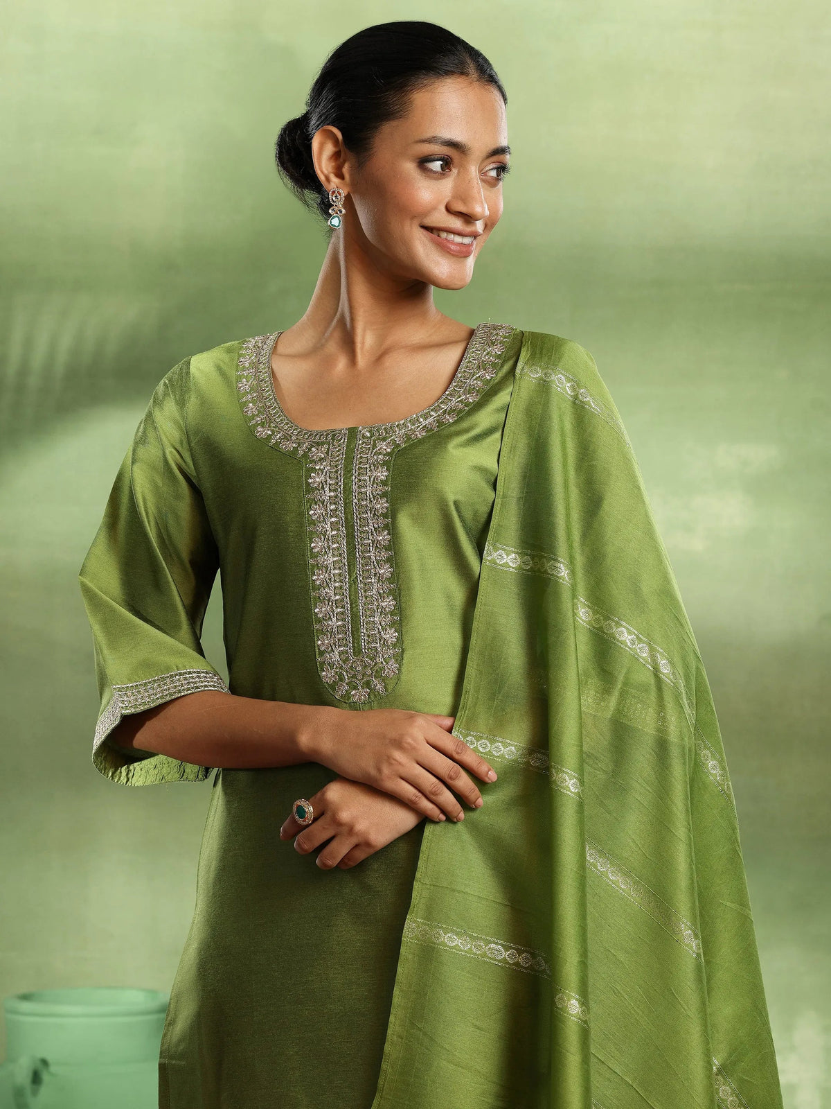 Gerua Green Yoke Design Silk Blend Straight Suit With Dupatta