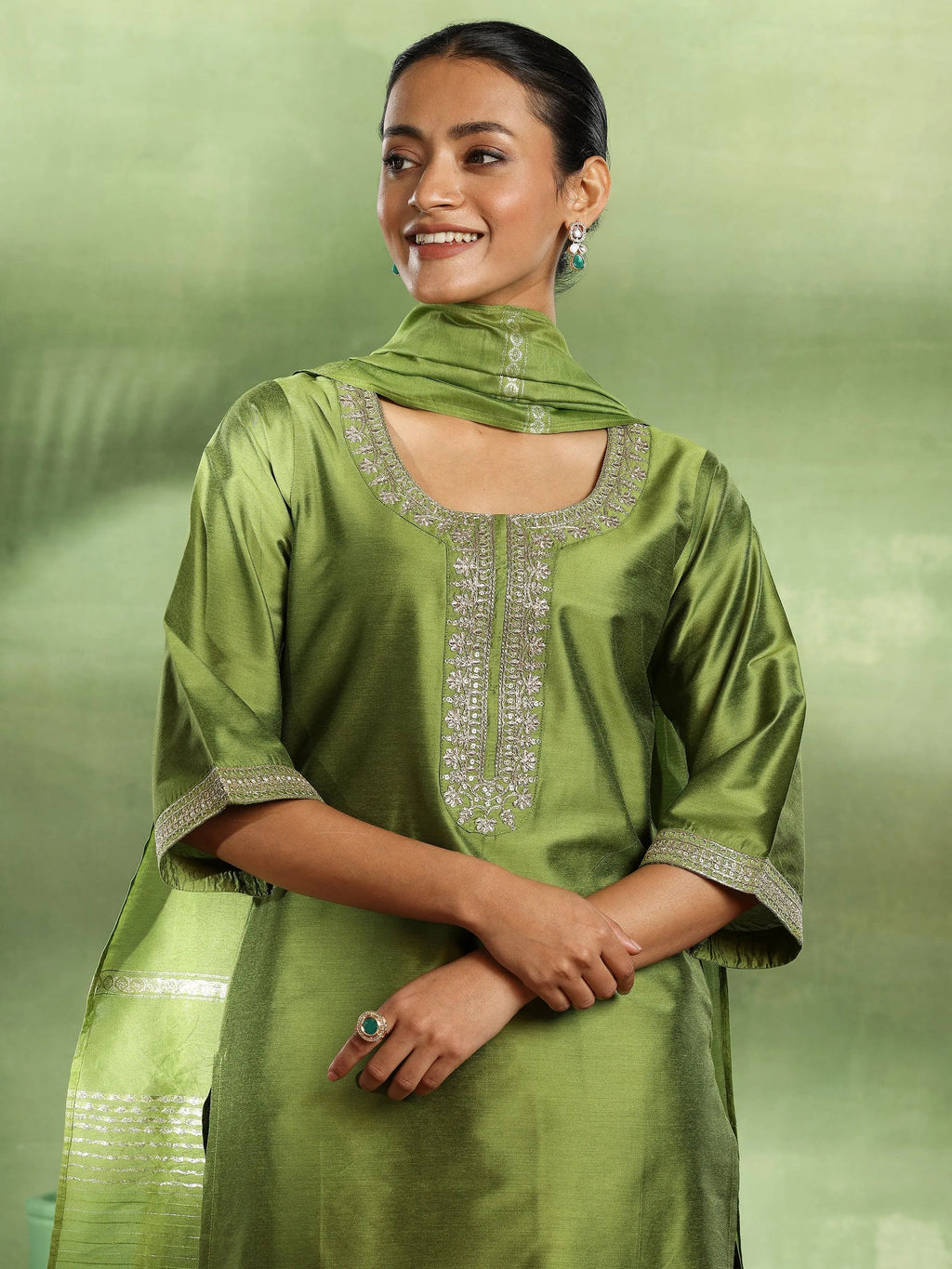 Gerua Green Yoke Design Silk Blend Straight Suit With Dupatta