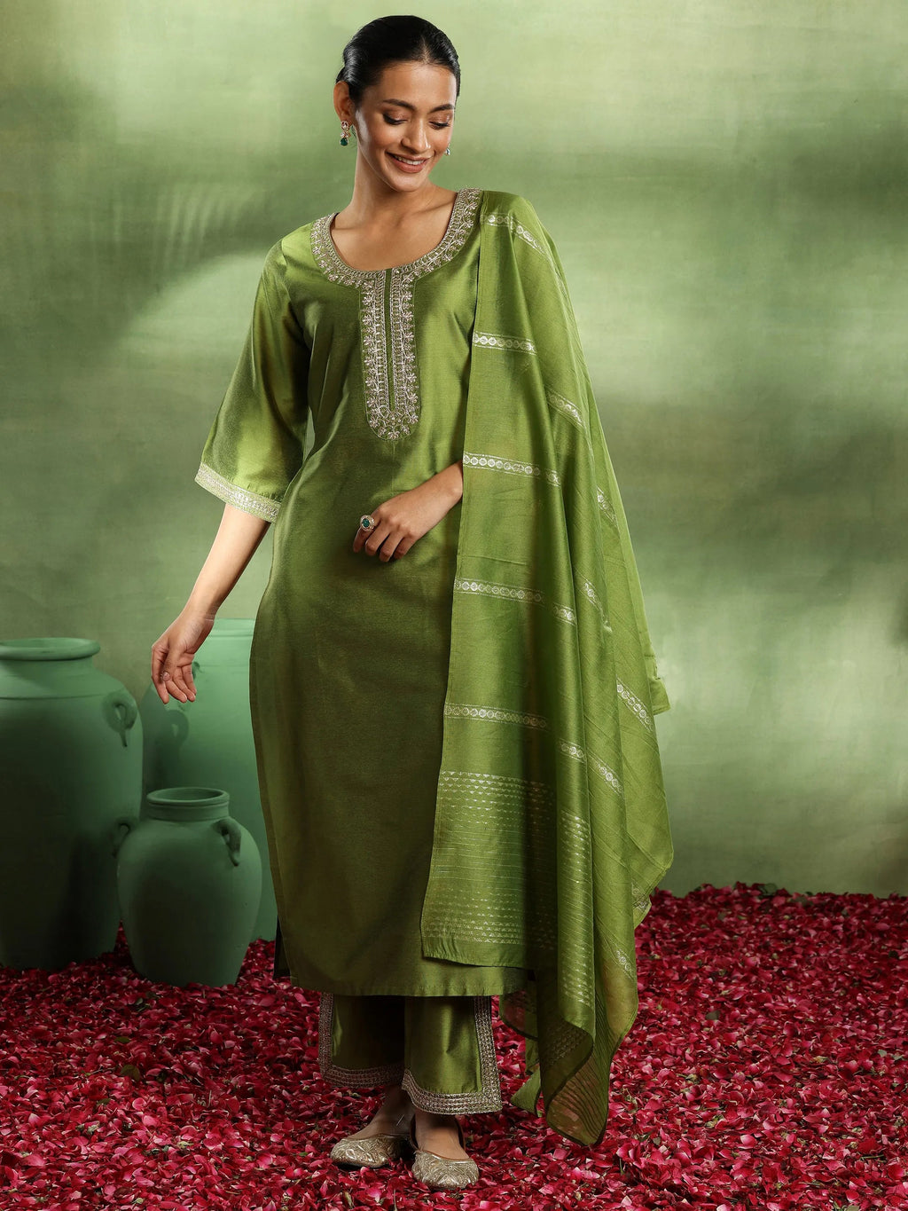 Gerua Green Yoke Design Silk Blend Straight Suit With Dupatta