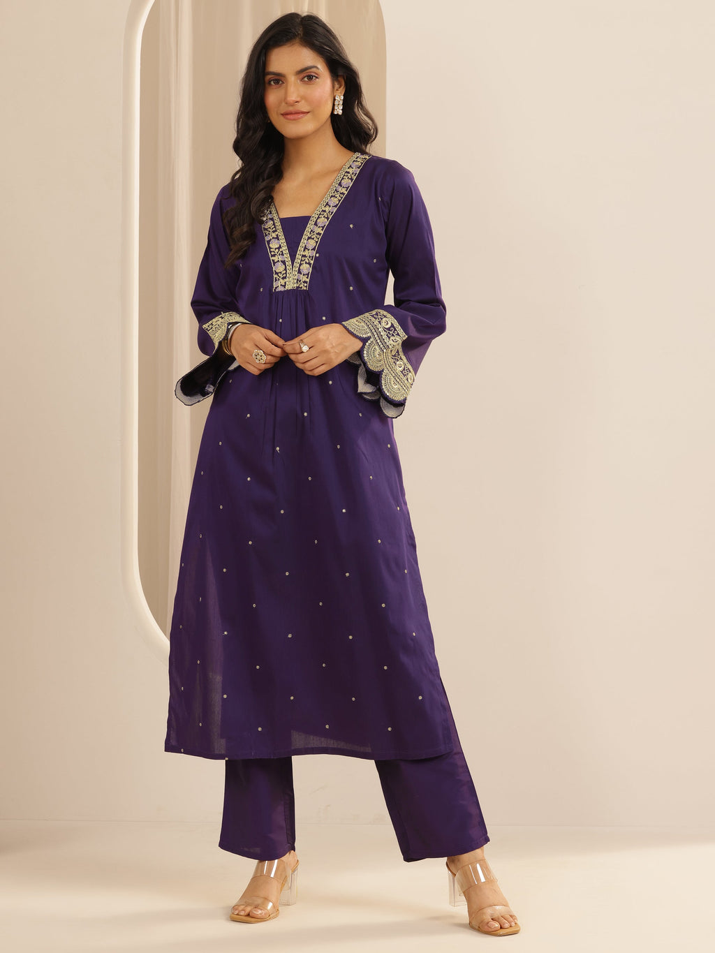 Gerua Purple Embroidered Silk Blend A-line Kurta Set