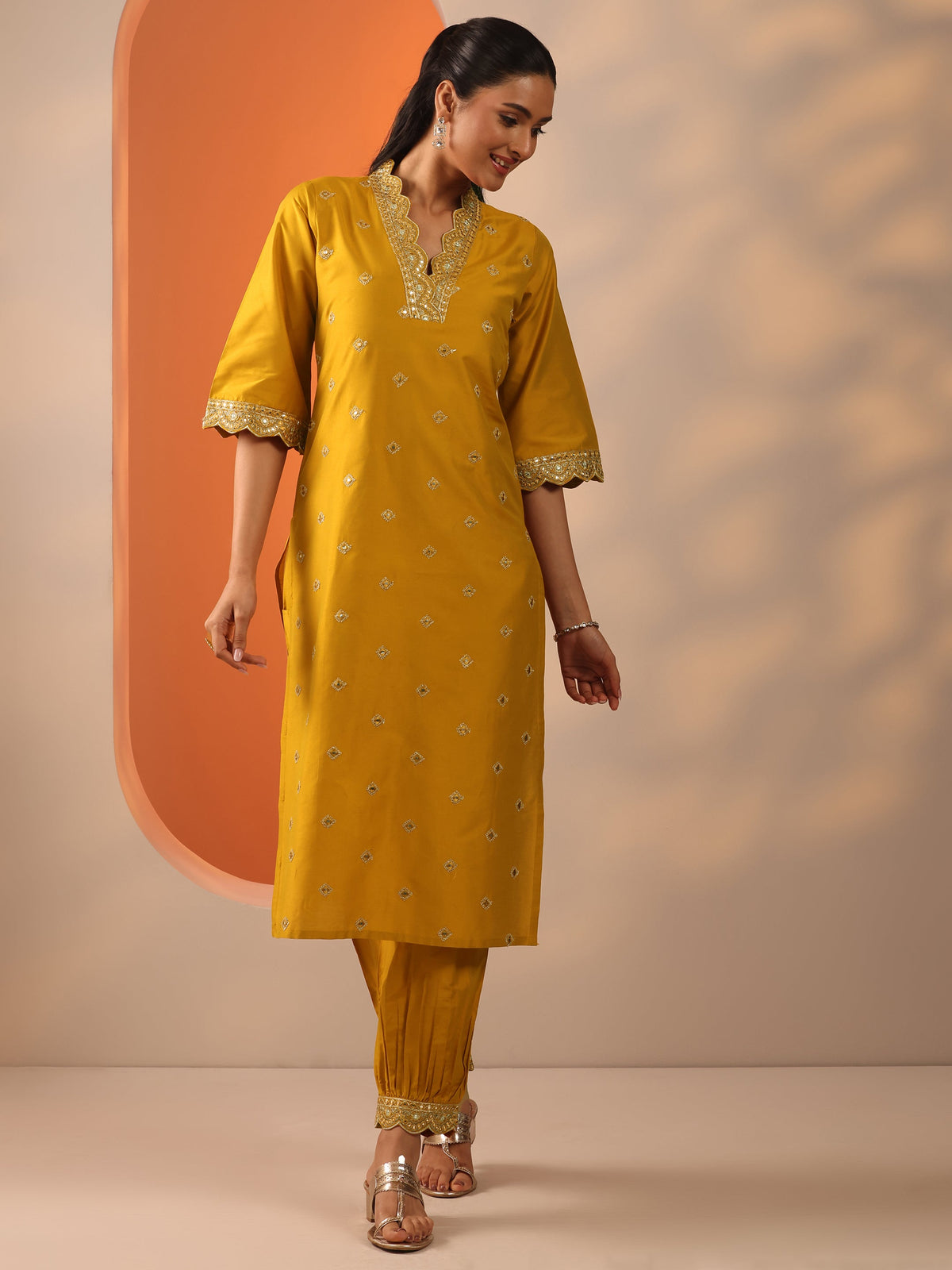 Gerua Mustard Embroidered Silk Blend Straight Kurta Set