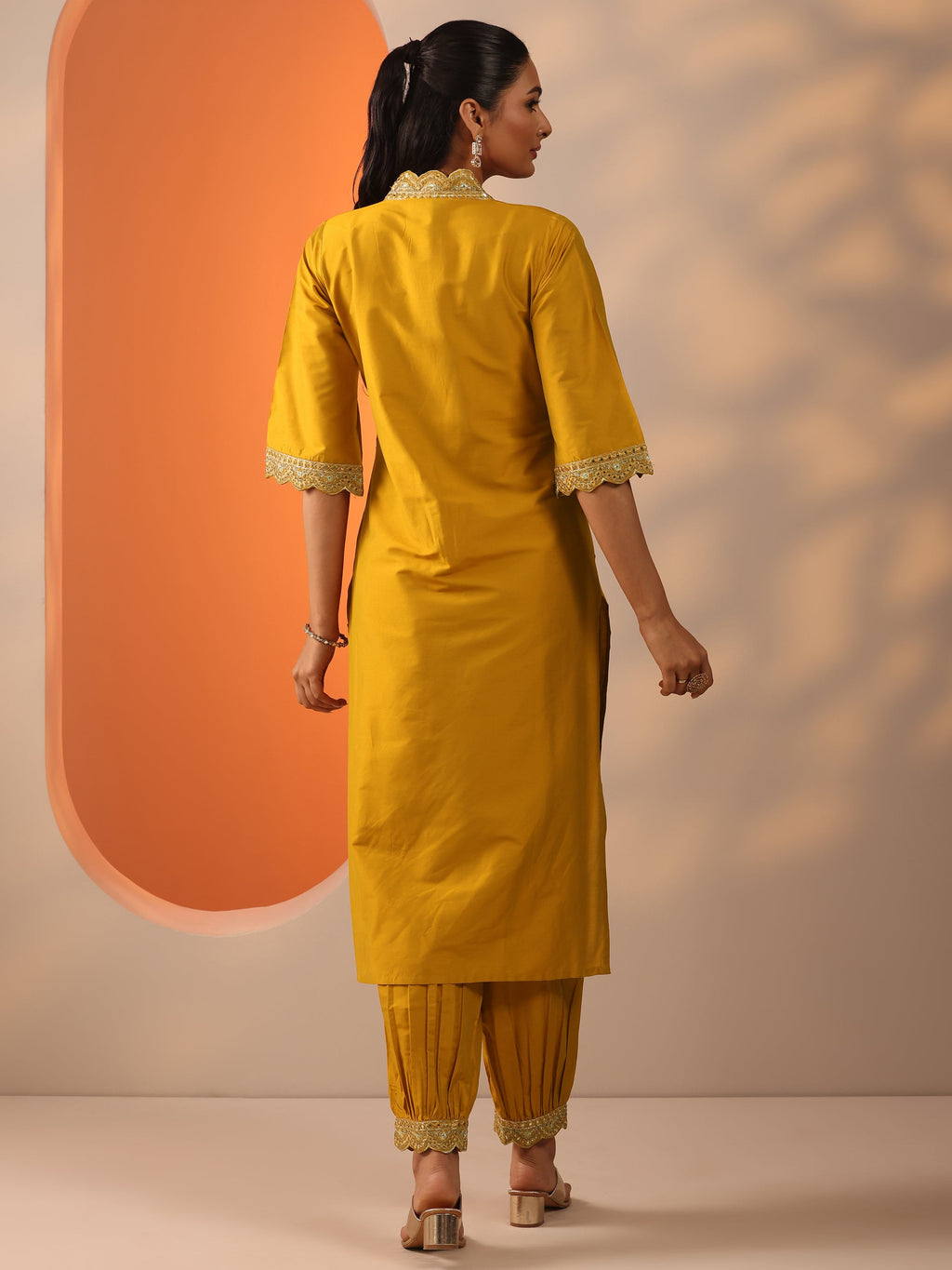 Gerua Mustard Embroidered Silk Blend Straight Kurta Set