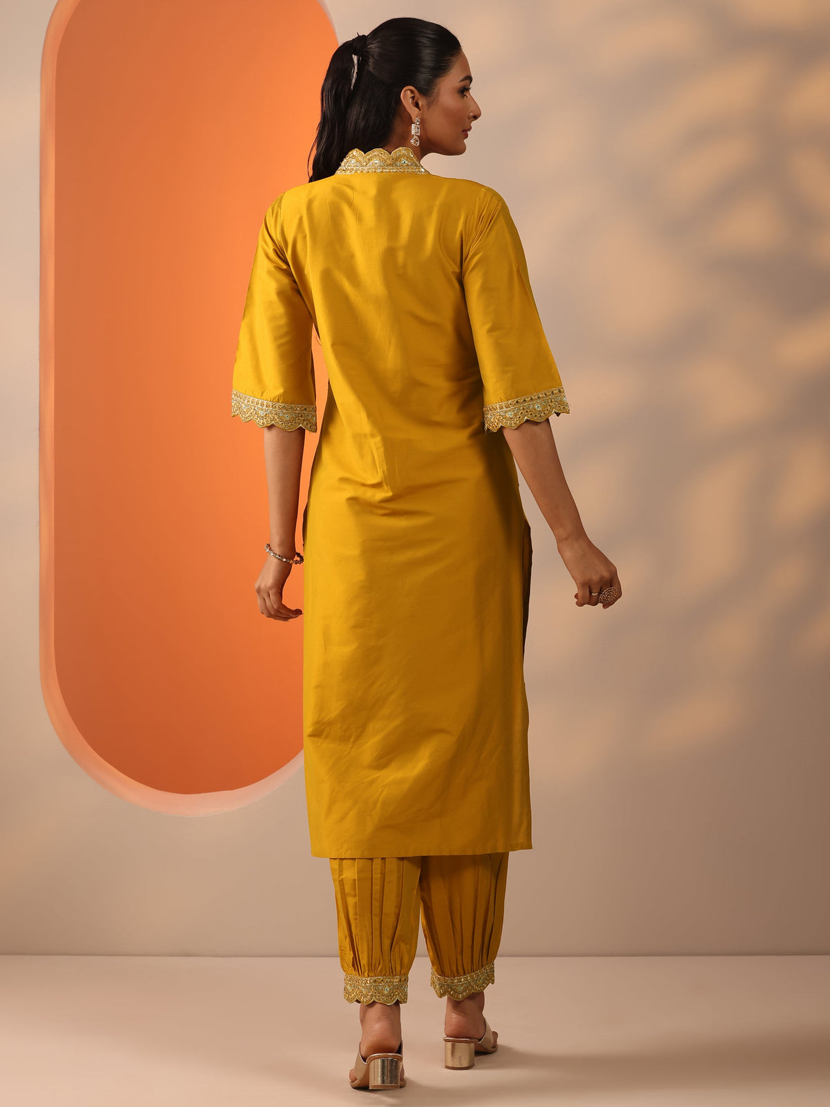 Gerua Mustard Embroidered Silk Blend Straight Kurta Set
