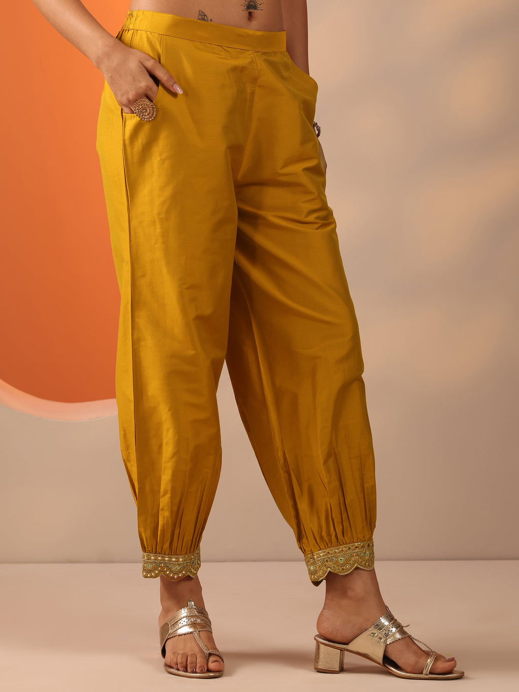 Gerua Mustard Embroidered Silk Blend Straight Kurta Set