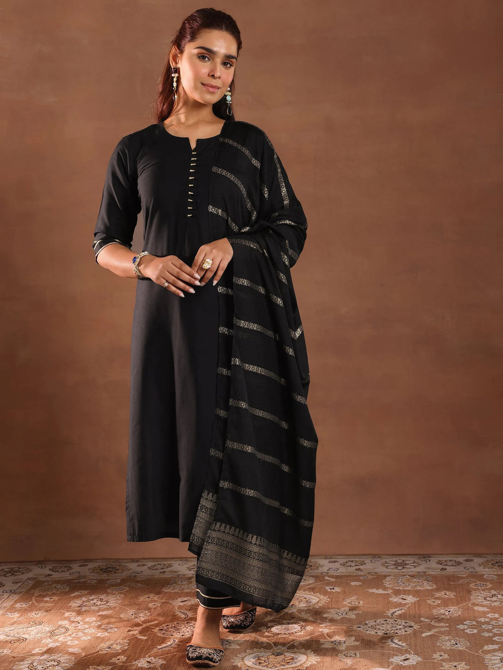 Gerua Black Solid Silk Blend Straight Suit Set With Dupatta