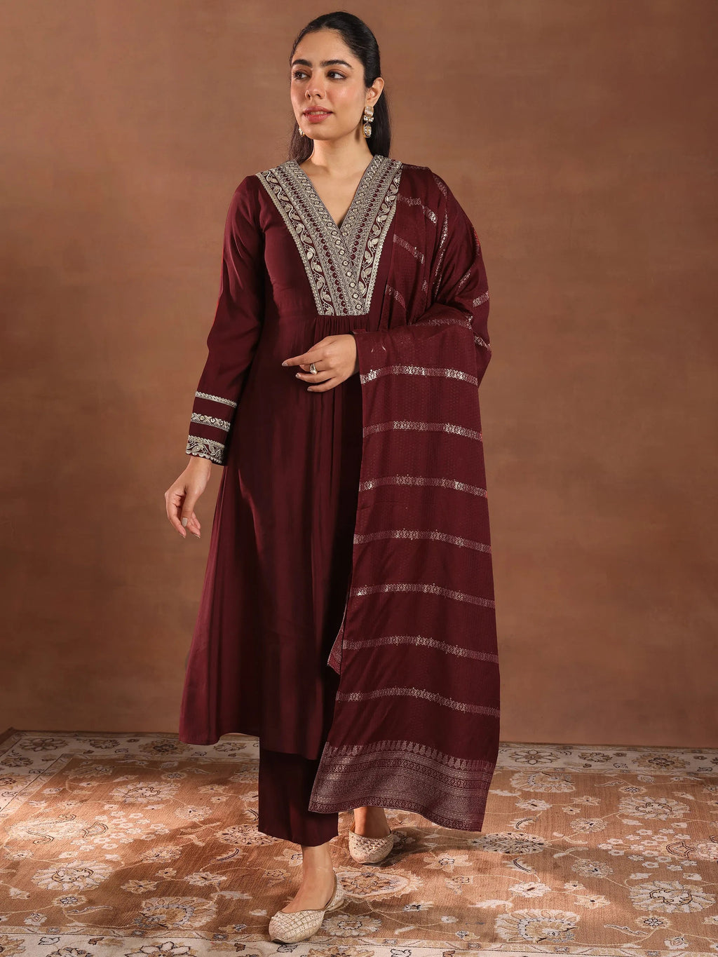 Gerua Maroon Embroidered Silk Blend A-Line Suit Set With Dupatta