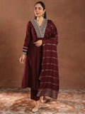 Gerua Maroon Embroidered Silk Blend A-Line Suit Set With Dupatta