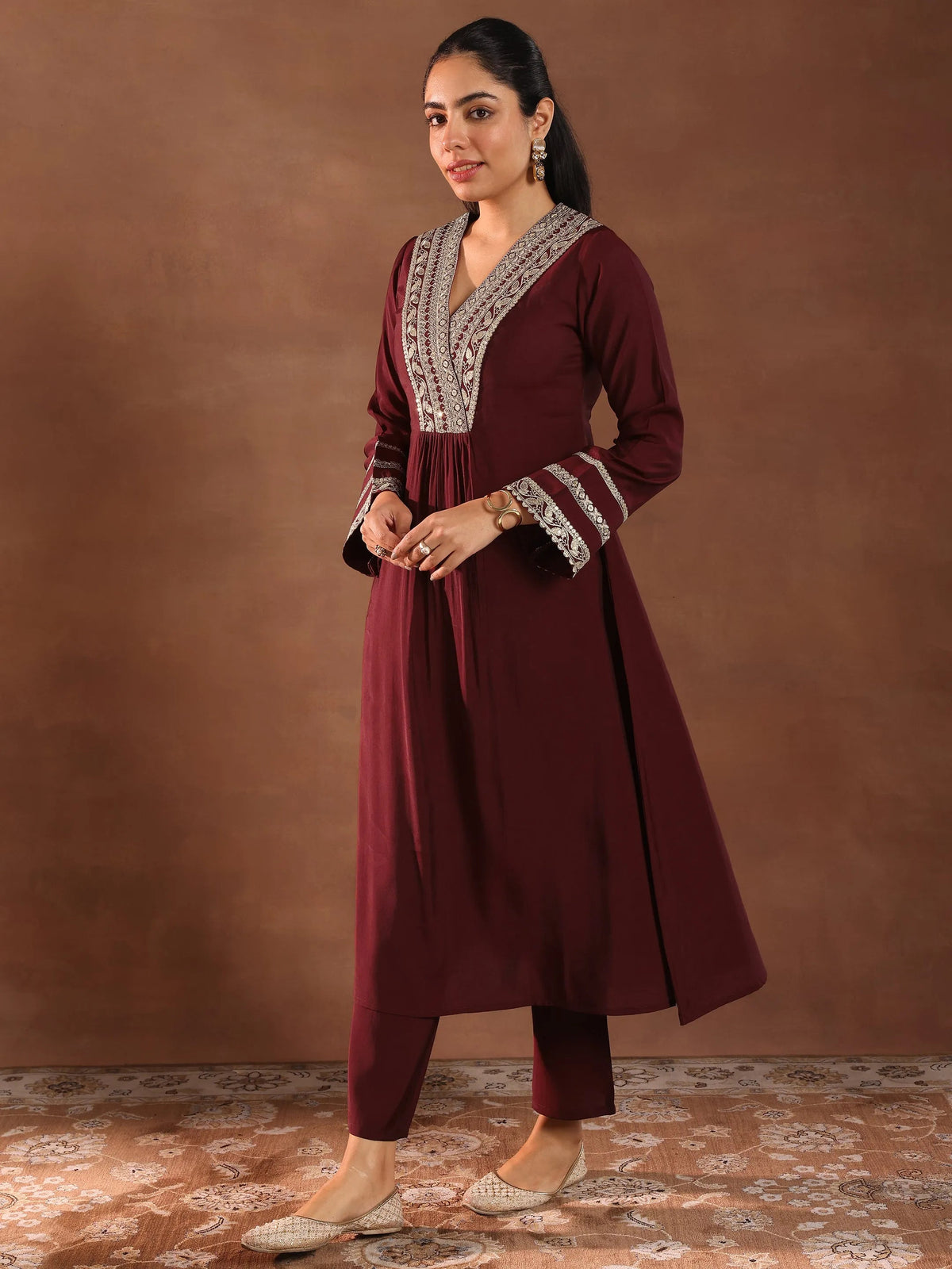 Gerua Maroon Embroidered Silk Blend A-Line Suit Set With Dupatta