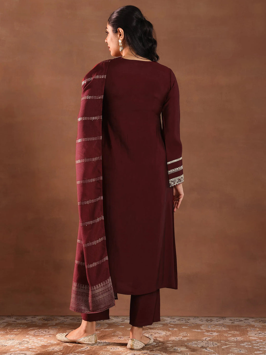 Gerua Maroon Embroidered Silk Blend A-Line Suit Set With Dupatta