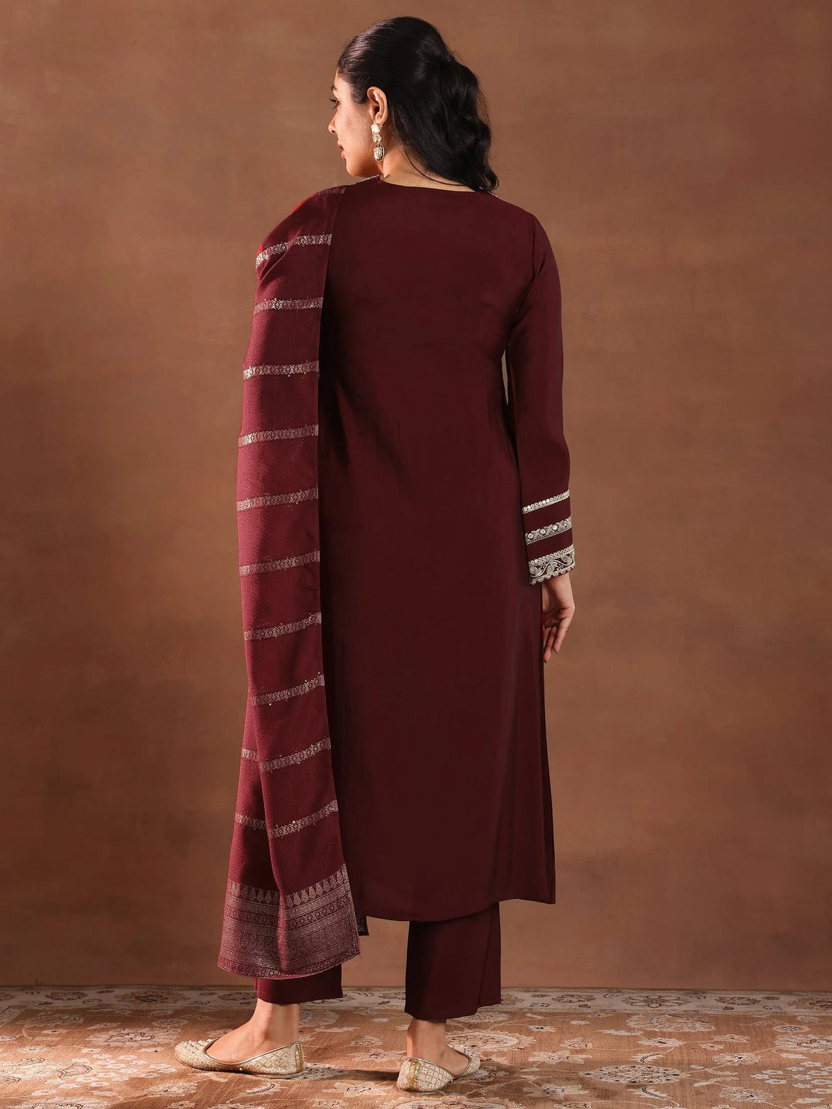 Gerua Maroon Embroidered Silk Blend A-Line Suit Set With Dupatta