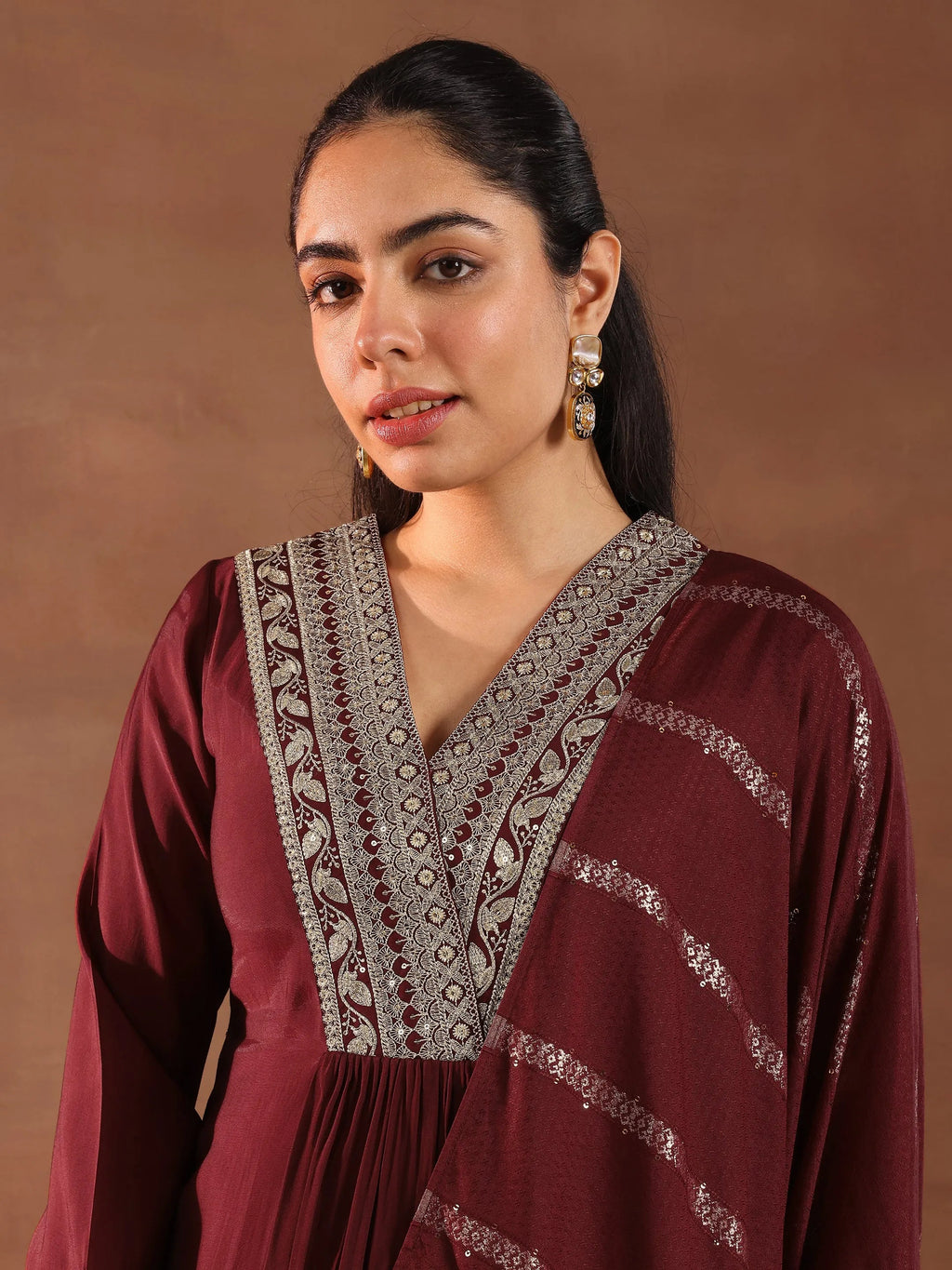 Gerua Maroon Embroidered Silk Blend A-Line Suit Set With Dupatta
