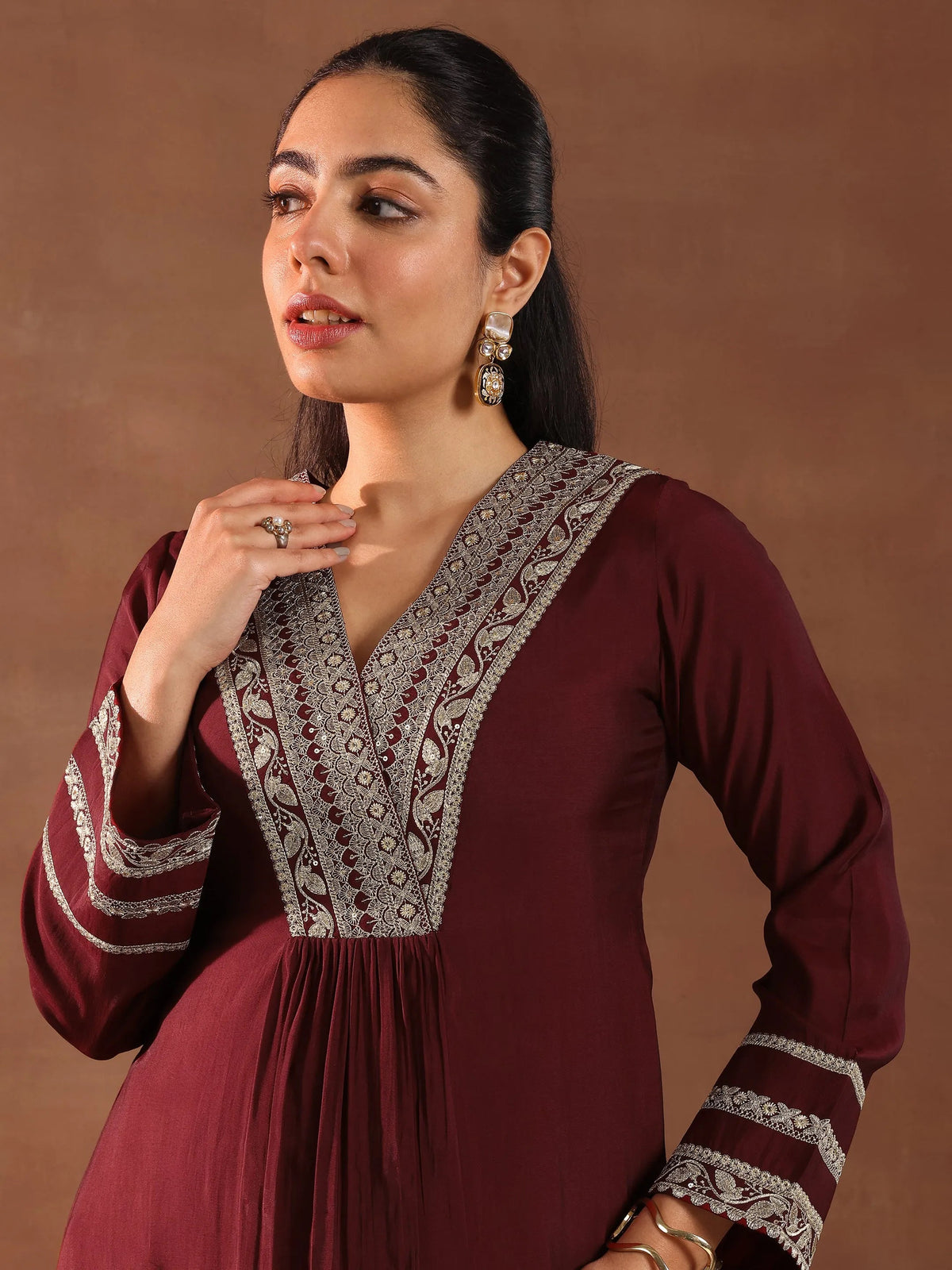 Gerua Maroon Embroidered Silk Blend A-Line Suit Set With Dupatta
