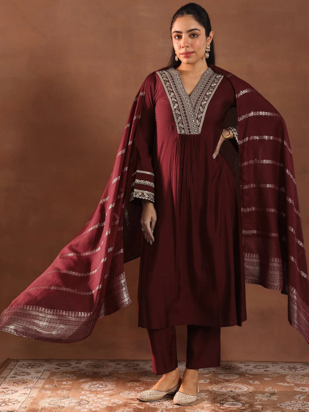 Gerua Maroon Embroidered Silk Blend A-Line Suit Set With Dupatta