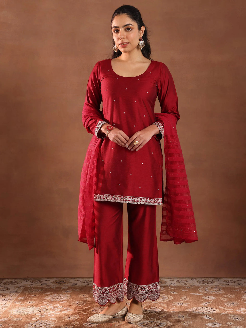 Gerua Red Embroidered Silk Blend Straight Suit Set With Dupatta
