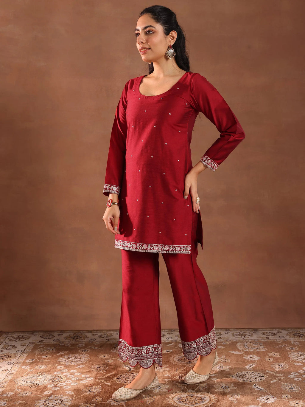 Gerua Red Embroidered Silk Blend Straight Suit Set With Dupatta