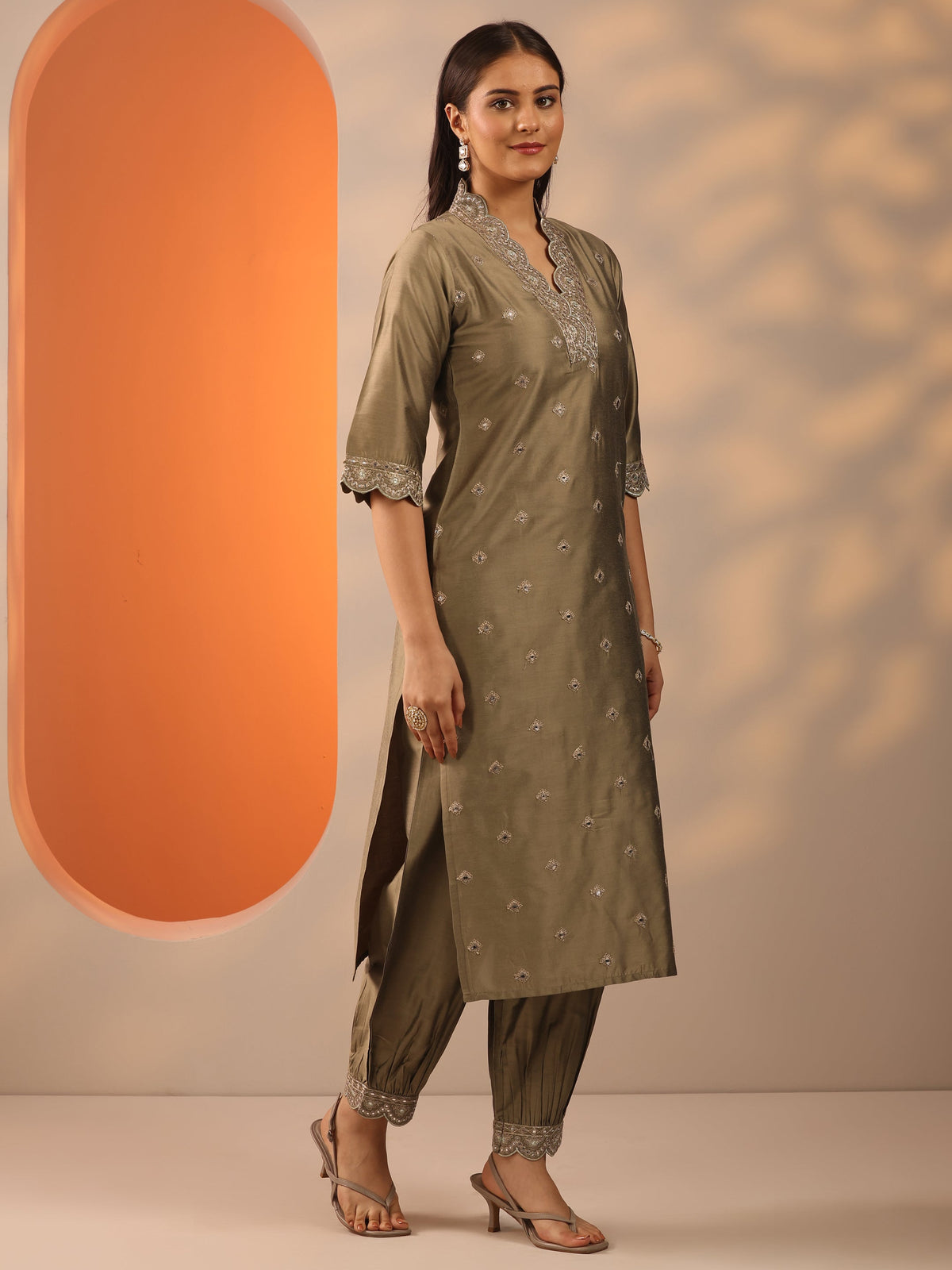 Gerua Brown Embroidered Silk Blend Straight Kurta Set