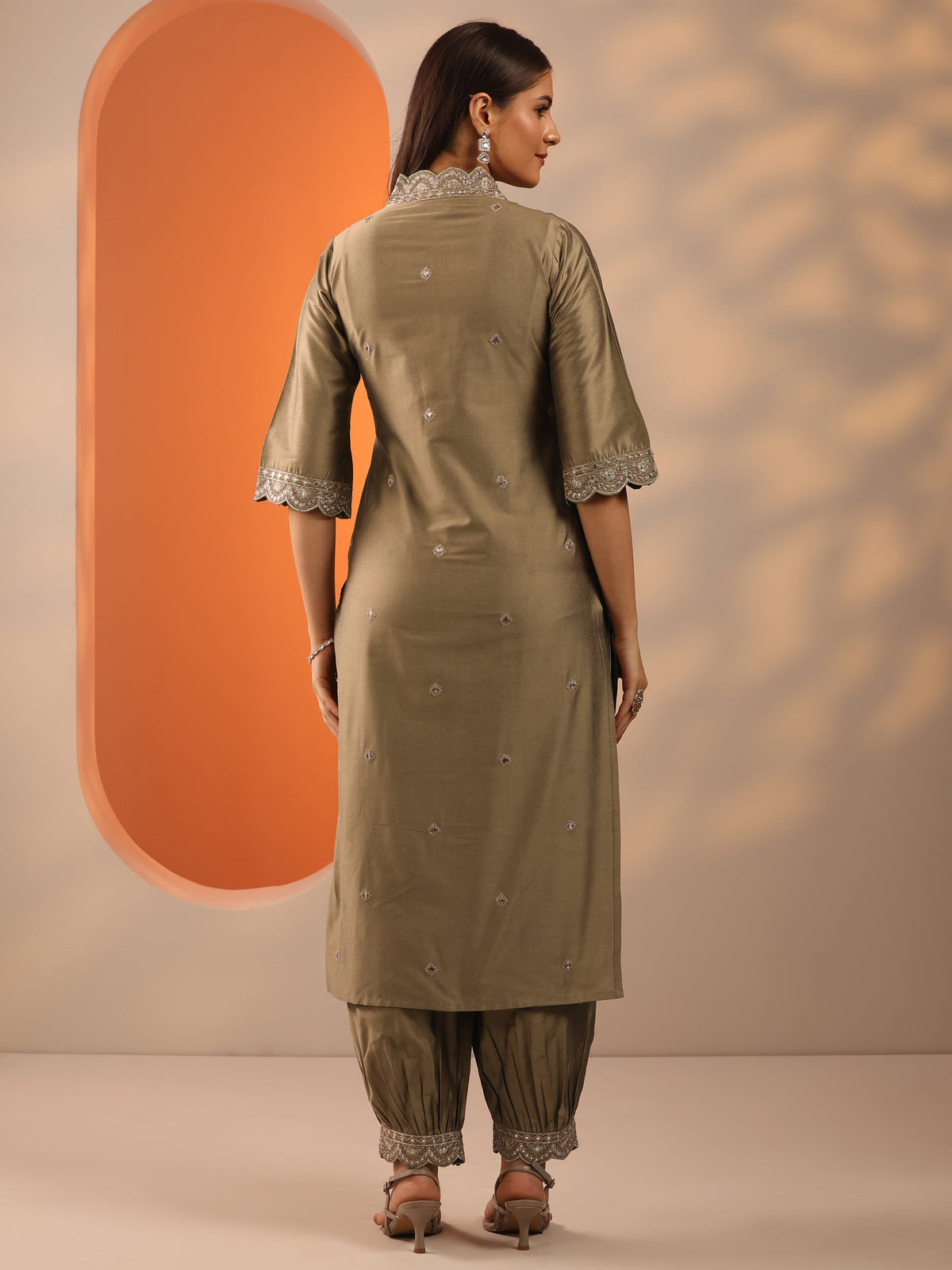 Gerua Brown Embroidered Silk Blend Straight Kurta Set