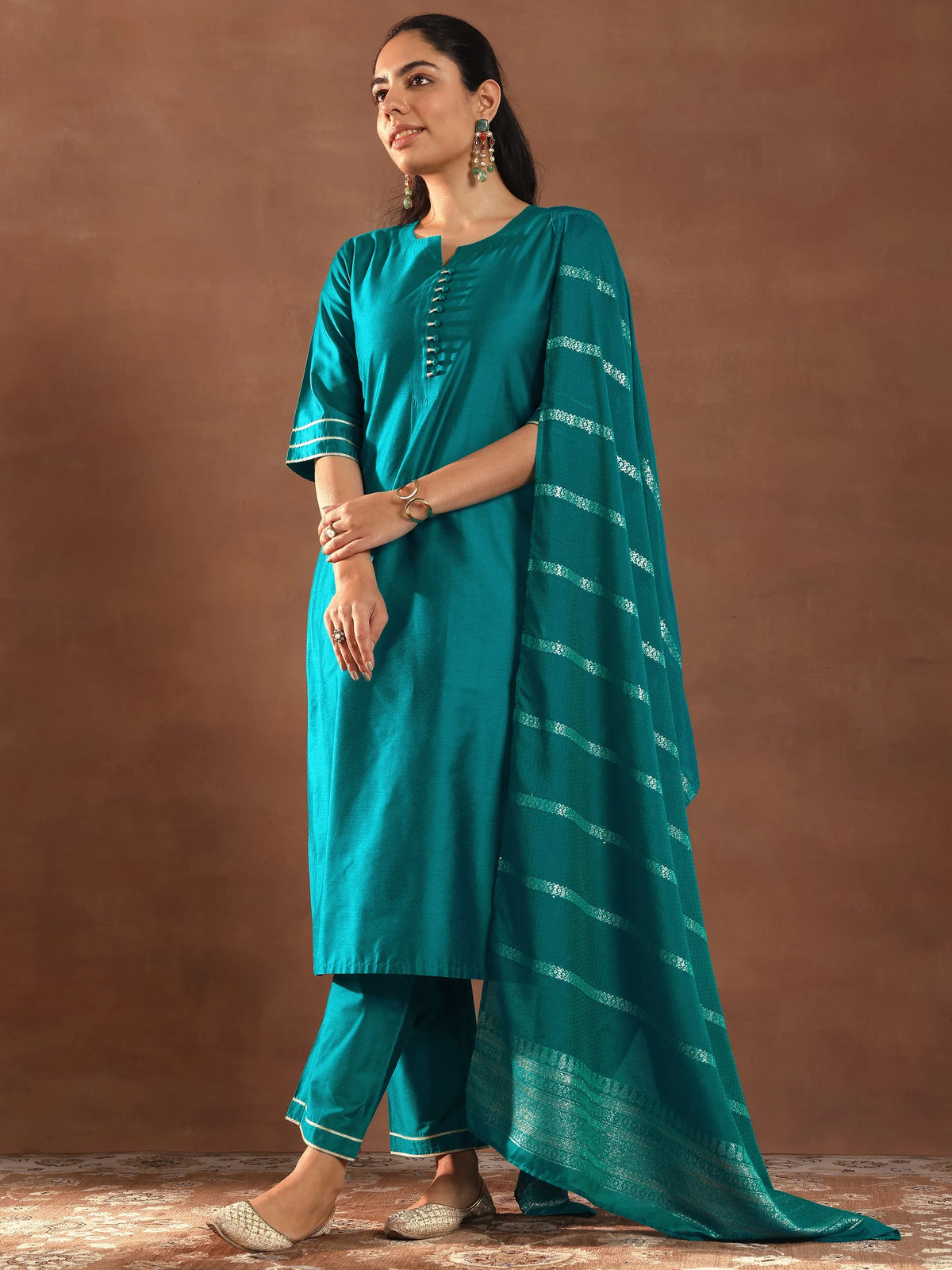 Gerua Teal Solid Silk Blend Straight Suit Set With Dupatta