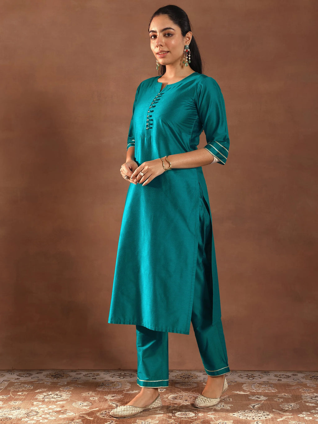 Gerua Teal Solid Silk Blend Straight Suit Set With Dupatta
