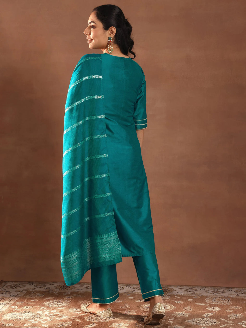 Gerua Teal Solid Silk Blend Straight Suit Set With Dupatta