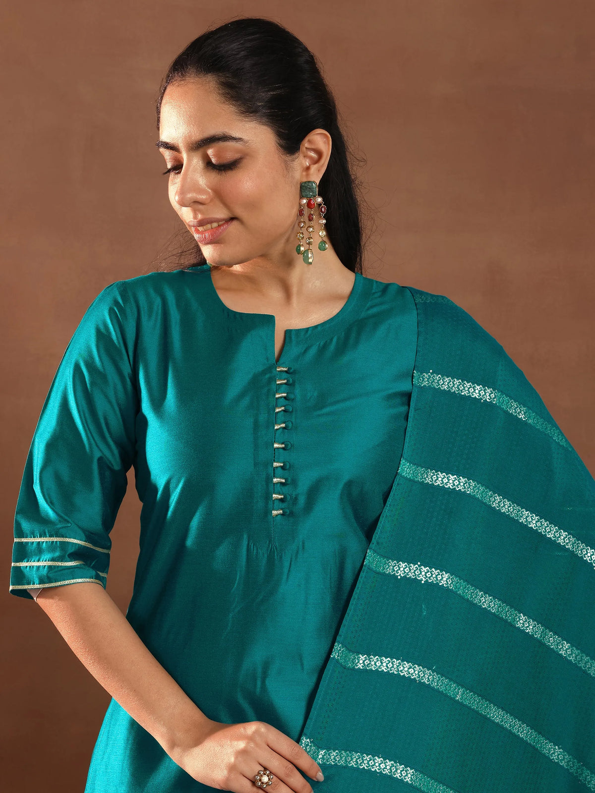 Gerua Teal Solid Silk Blend Straight Suit Set With Dupatta