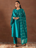Gerua Teal Solid Silk Blend Straight Suit Set With Dupatta